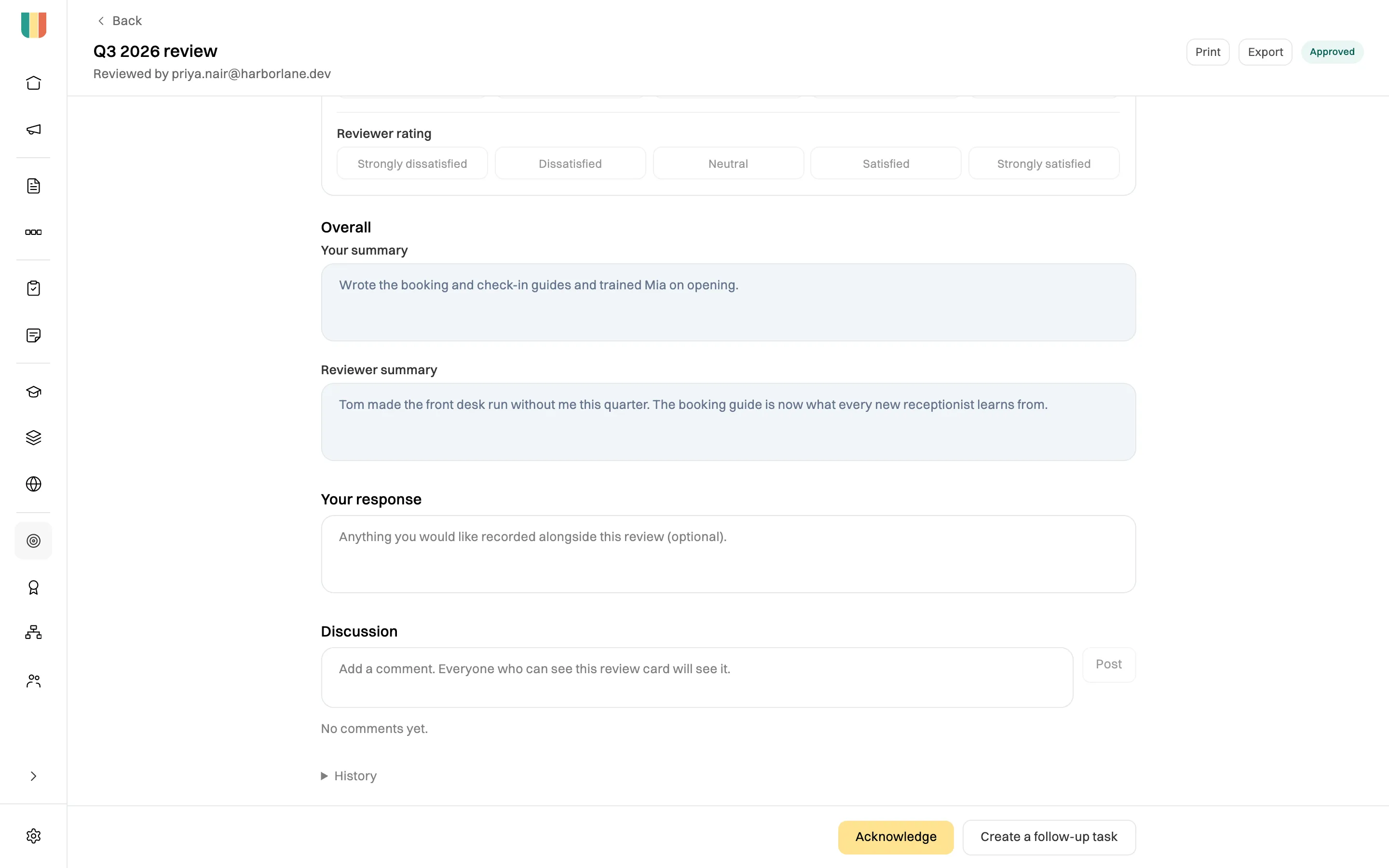 Tom Fletcher's approved Q3 2026 review: Reviewer summary from Priya Nair, a Your response box, and Acknowledge and Create a follow-up task buttons