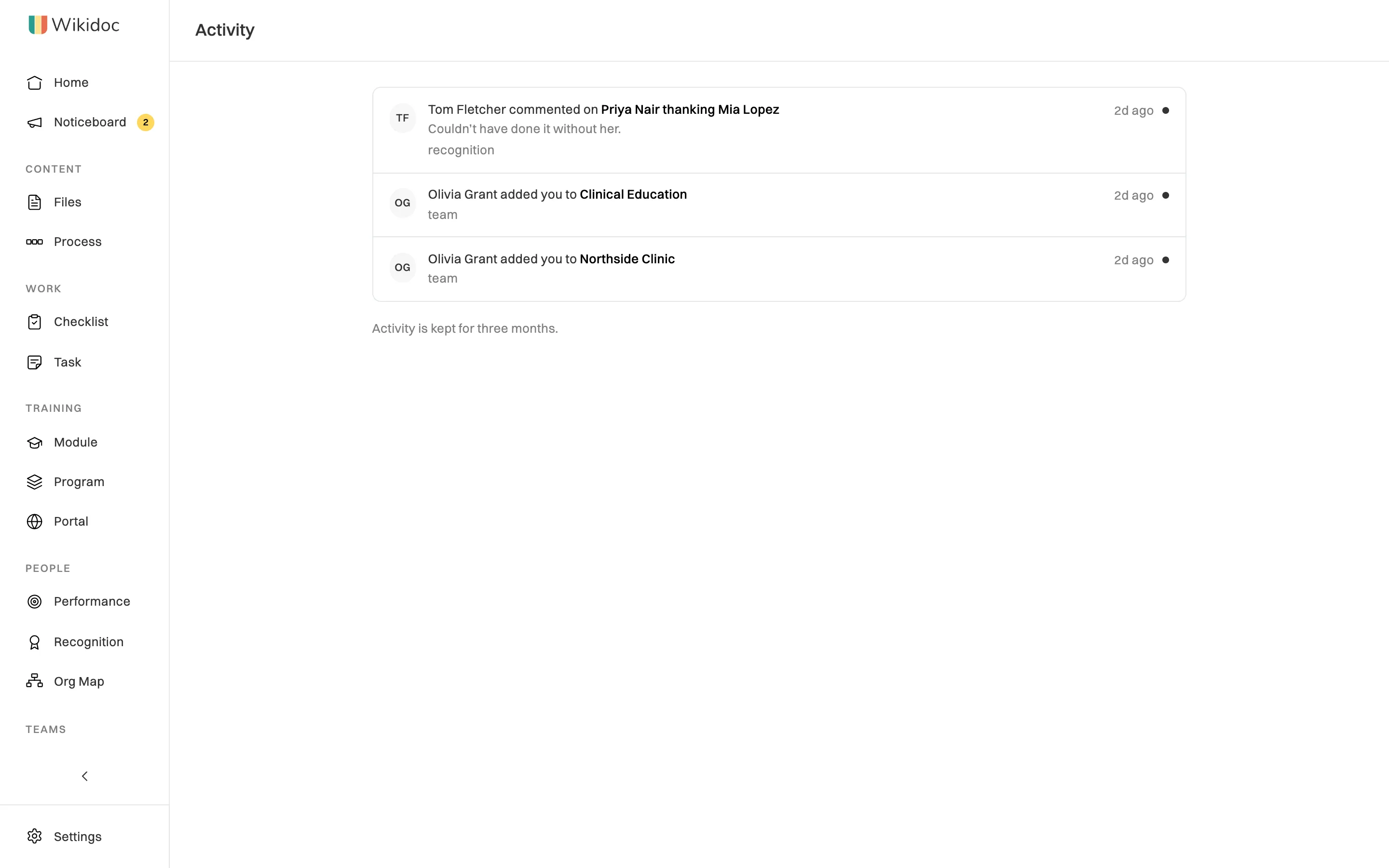 The Activity page listing three rows, each marked 2d ago with an unread dot: Tom Fletcher commented on Priya Nair thanking Mia Lopez, and Olivia Grant added you to the Clinical Education and Northside Clinic teams