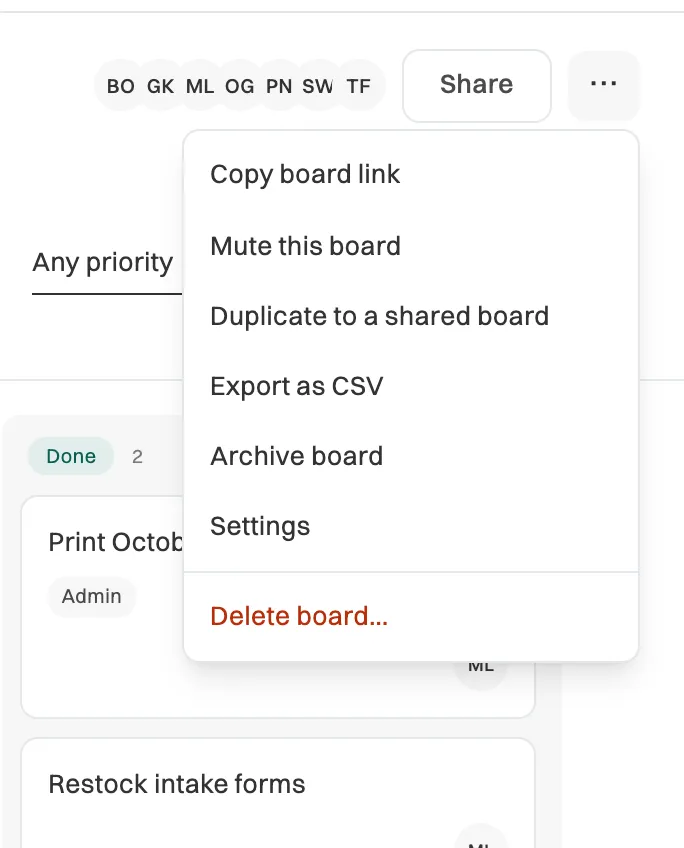 The ⋯ menu on a board: Copy board link, Mute this board, Duplicate to a shared board, Export as CSV, Archive board, Settings and Delete board