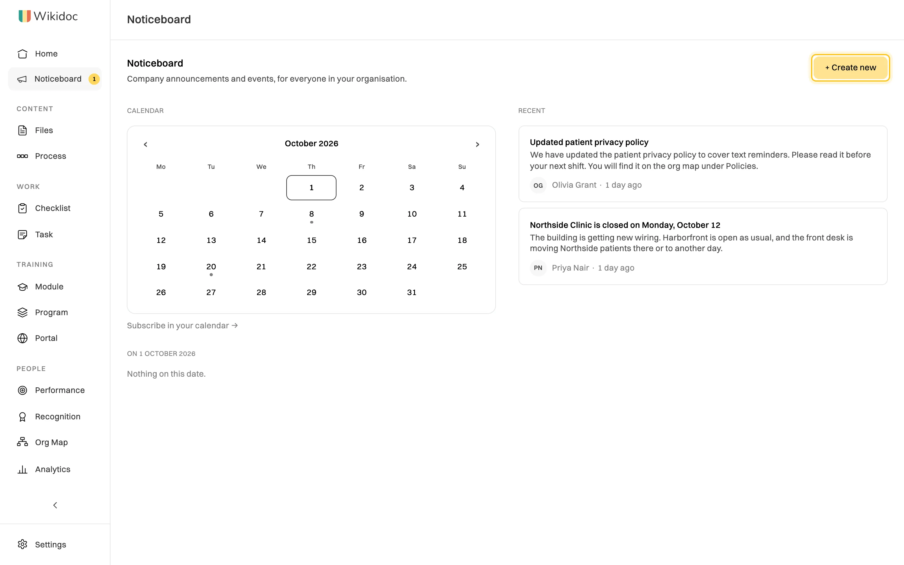 The Noticeboard: an October 2026 calendar with dots on October 8 and 20, a Subscribe in your calendar link, and Recent announcements, Updated patient privacy policy from Olivia Grant and Northside Clinic is closed on Monday, October 12 from Priya Nair, with the + Create new button highlighted