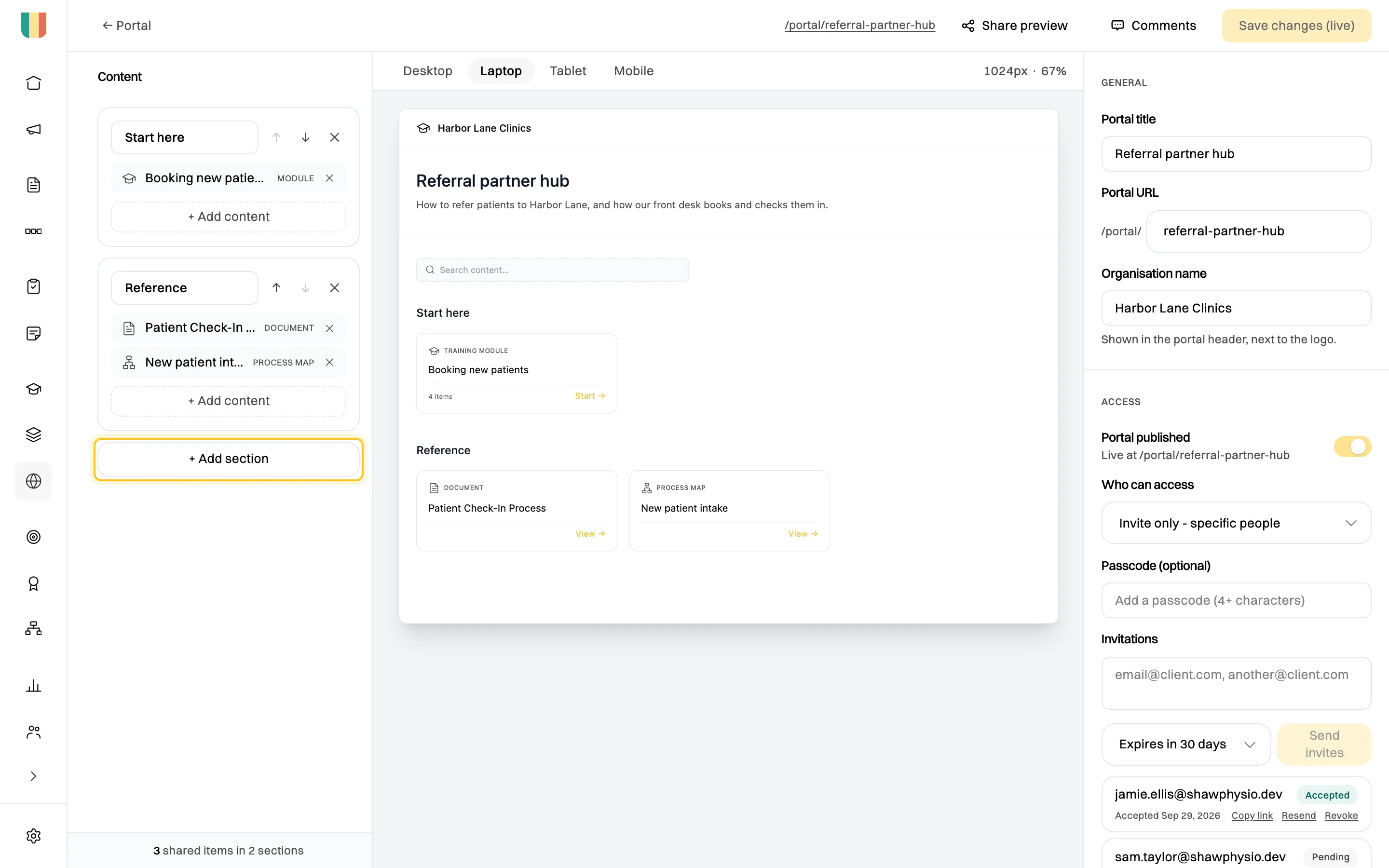 The portal builder for Referral partner hub: sections Start here, with the Booking new patients module, and Reference, with a document and a process map; a preview of the portal in the middle; and General and Access settings on the right, with + Add section highlighted