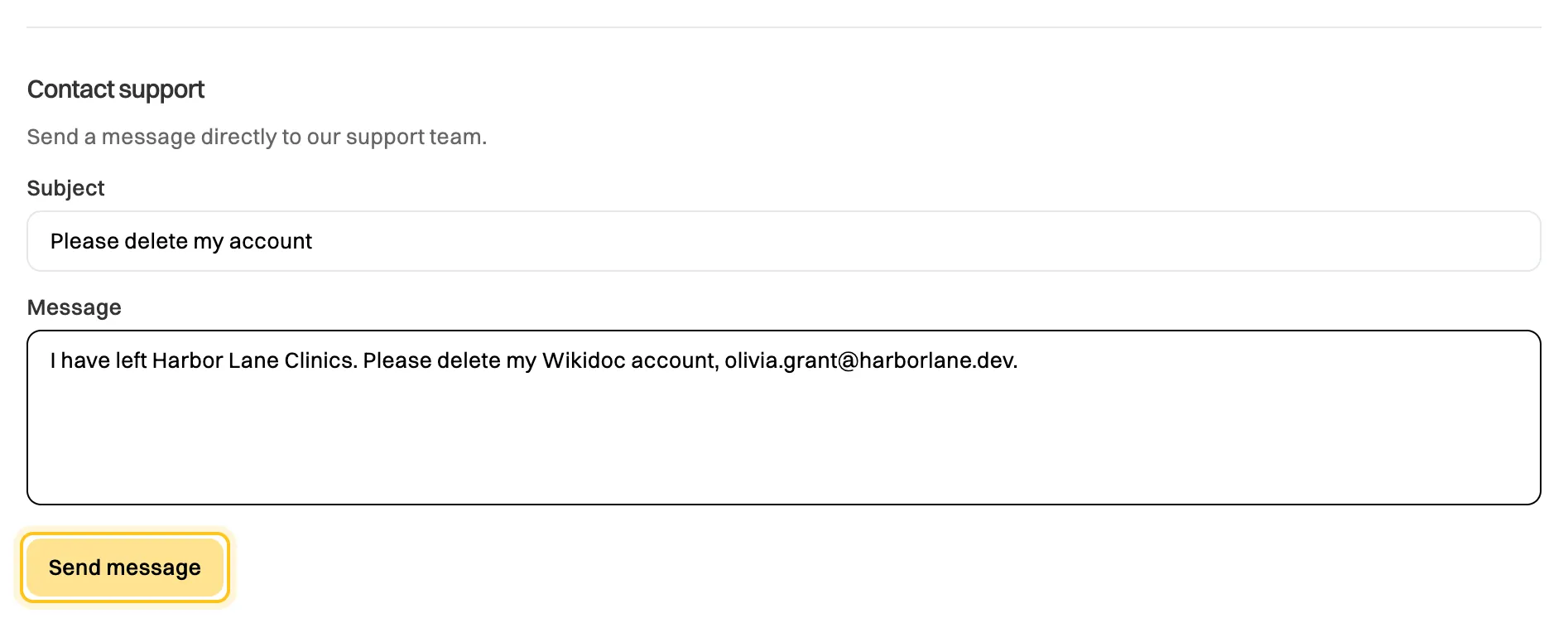 The Contact support form: a Subject field, a Message field and a highlighted Send message button