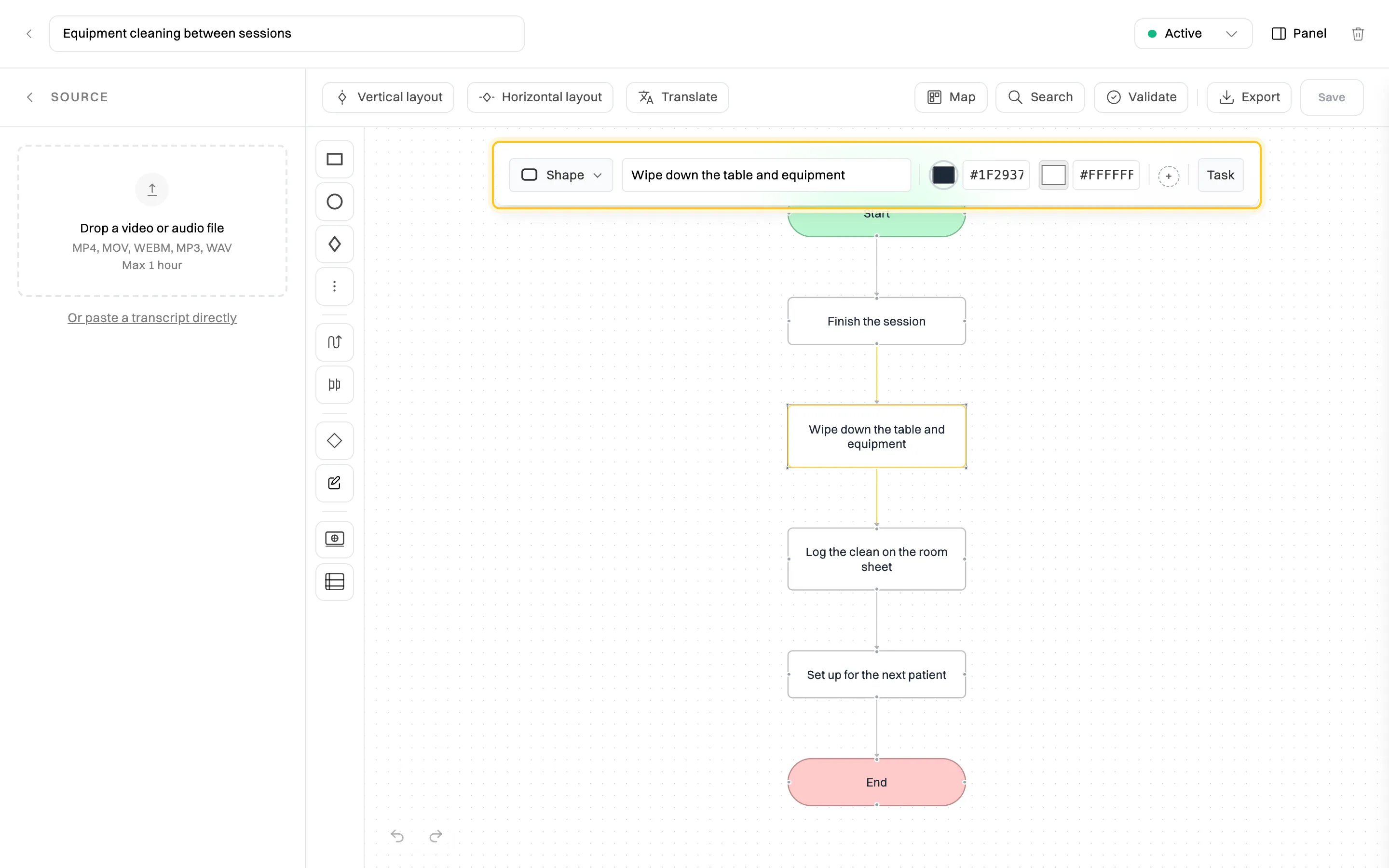 The process map editor with the step Wipe down the table and equipment selected, and the toolbar above the canvas highlighted: Shape, the step's text, text color #1F2937, fill color #FFFFFF, a + button for badges, and Task