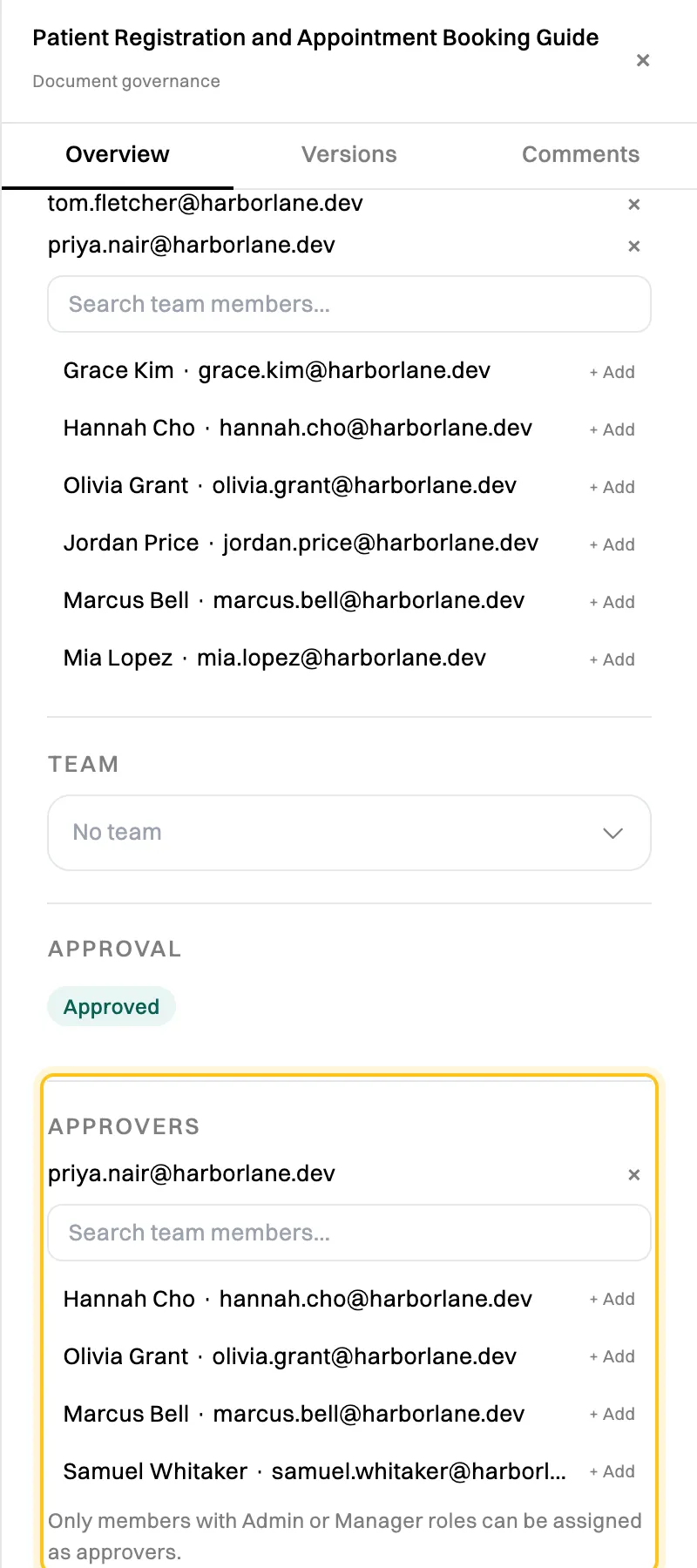 The document's governance panel scrolled to Approvers: priya.nair is an approver, and a search box lists Hannah Cho, Olivia Grant, Marcus Bell and Samuel Whitaker to add, with the note that only members with Admin or Manager roles can be assigned as approvers