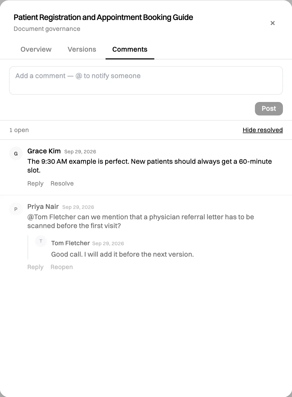 The Comments tab: a box to add a comment, 1 open comment from Grace Kim, and a resolved comment from Priya Nair mentioning @Tom Fletcher with Tom's reply, and Reply and Reopen links