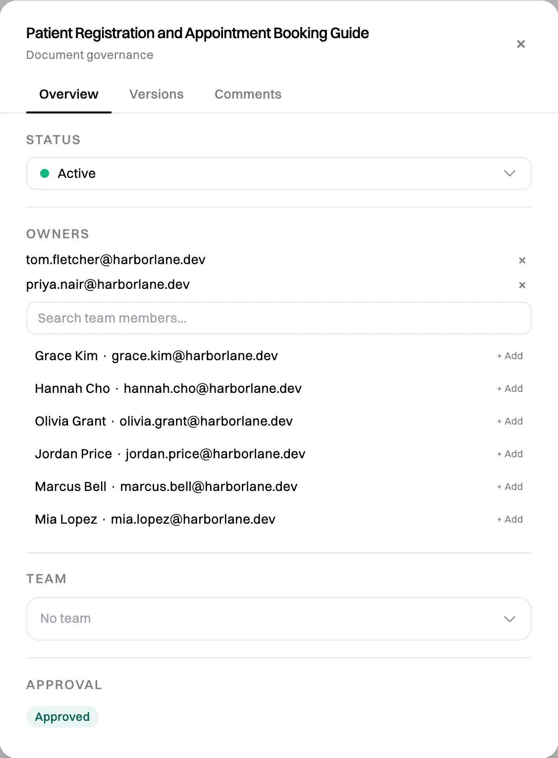The Document governance window for Patient Registration and Appointment Booking Guide on the Overview tab: Status Active, Owners tom.fletcher and priya.nair with a search box listing colleagues to add, Team set to No team, and Approval Approved