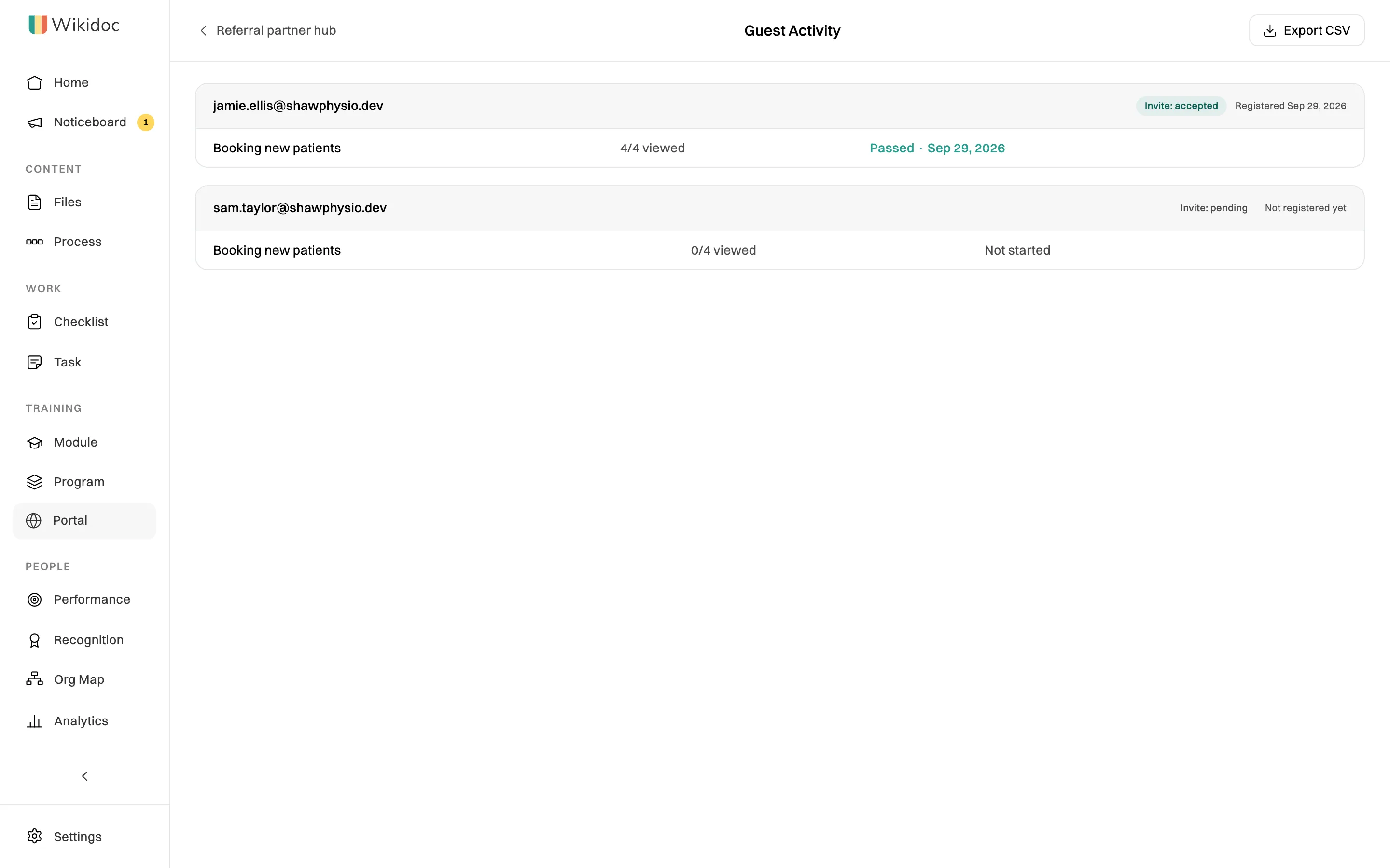 Guest Activity for Referral partner hub: jamie.ellis@shawphysio.dev, invite accepted, registered Sep 29, 2026, with Booking new patients 4/4 viewed and Passed; sam.taylor@shawphysio.dev, invite pending, not registered yet, 0/4 viewed and Not started. Export CSV is at the top right