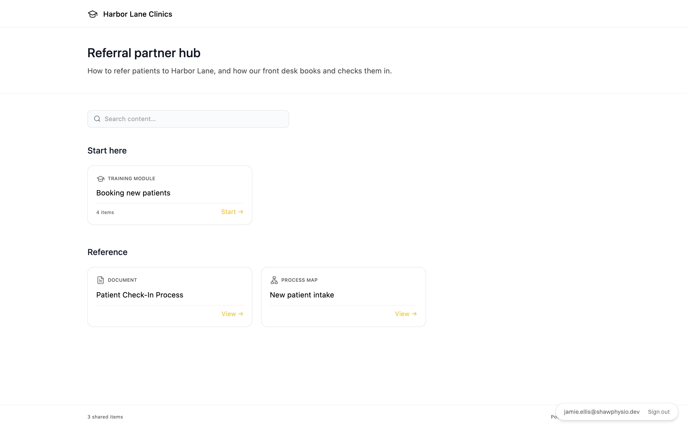 A portal as a guest sees it: Harbor Lane Clinics in the header, a training module and two reference items, and the guest's email with Sign out at the bottom