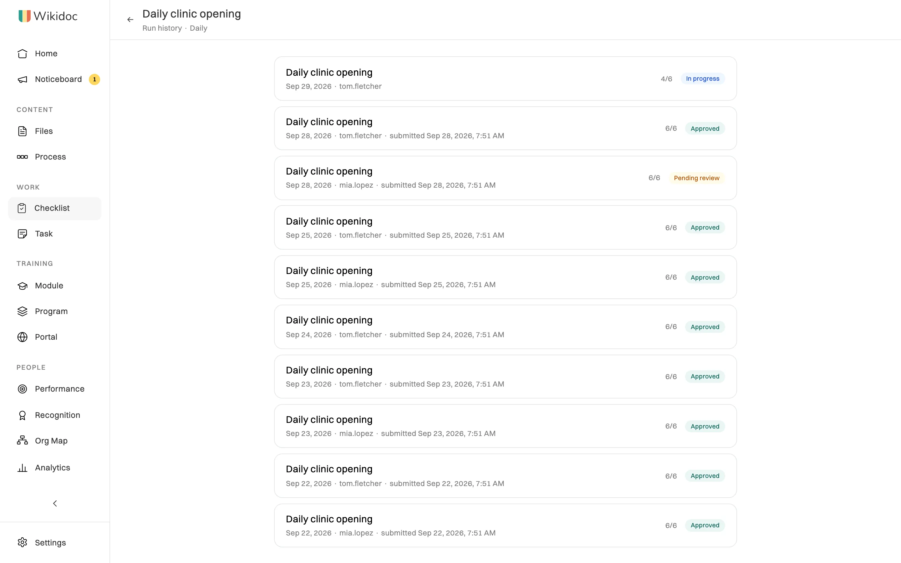 Run history for Daily clinic opening: runs by tom.fletcher and mia.lopez over several days, one In progress, one Pending review and the rest Approved at 6/6