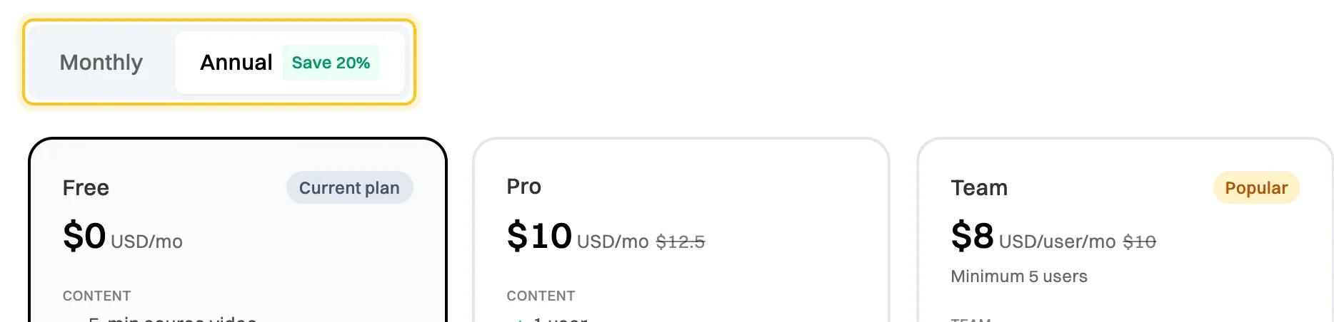 The Monthly and Annual switch on the Billing tab, highlighted, with Annual chosen and marked Save 20%, above the Free, Pro and Team plans priced $0, $10 and $8