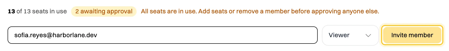 The invite form: an email address typed into the email box, a role menu set to Viewer, and the Invite member button highlighted. Above it, 13 of 13 seats in use