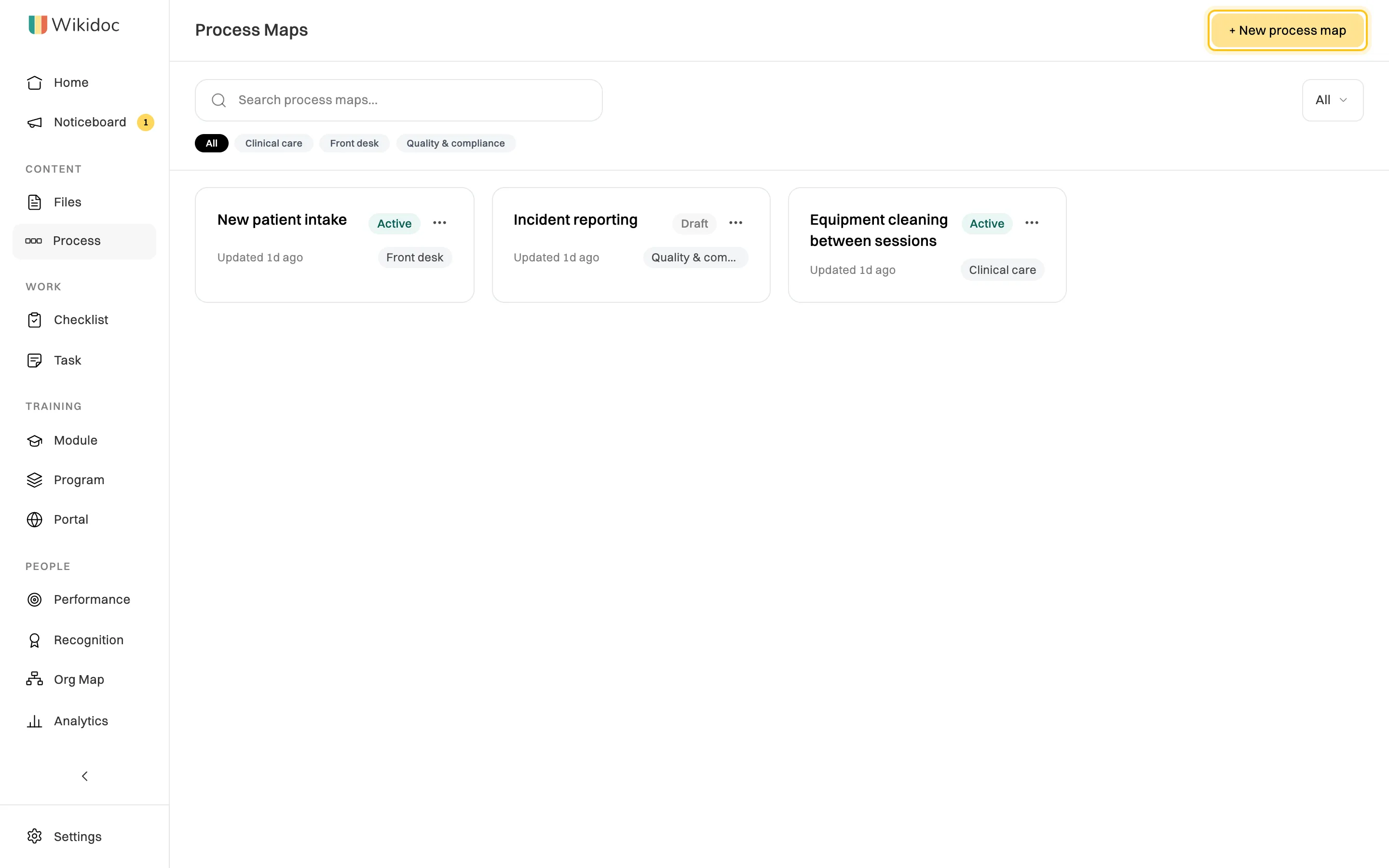 The Process Maps page: a search box, category filters, three process map cards marked Draft or Active, and the + New process map button highlighted