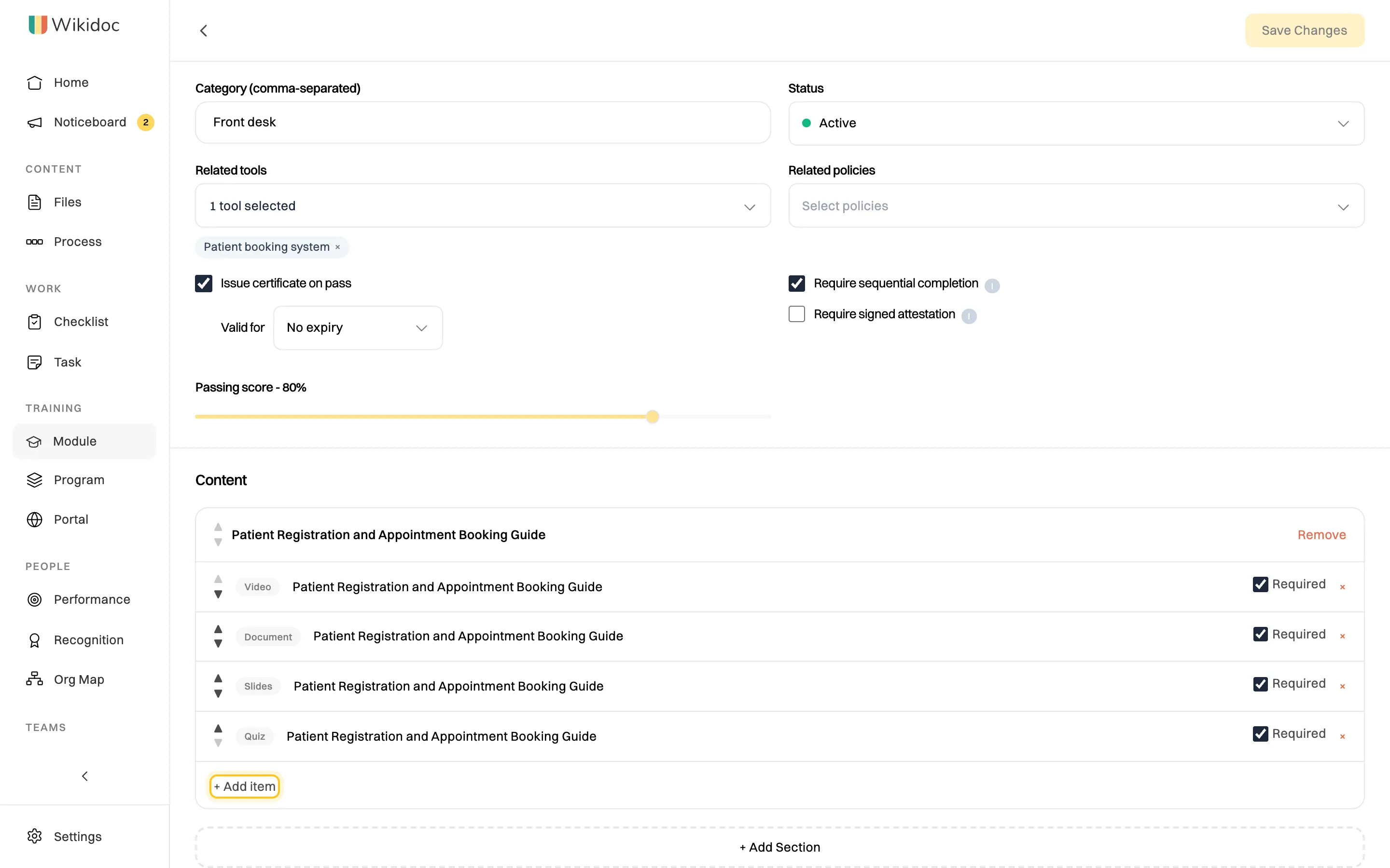 The module's Content: one section, Patient Registration and Appointment Booking Guide, with four required items, Video, Document, Slides and Quiz, each with reorder arrows, and the + Add item button highlighted