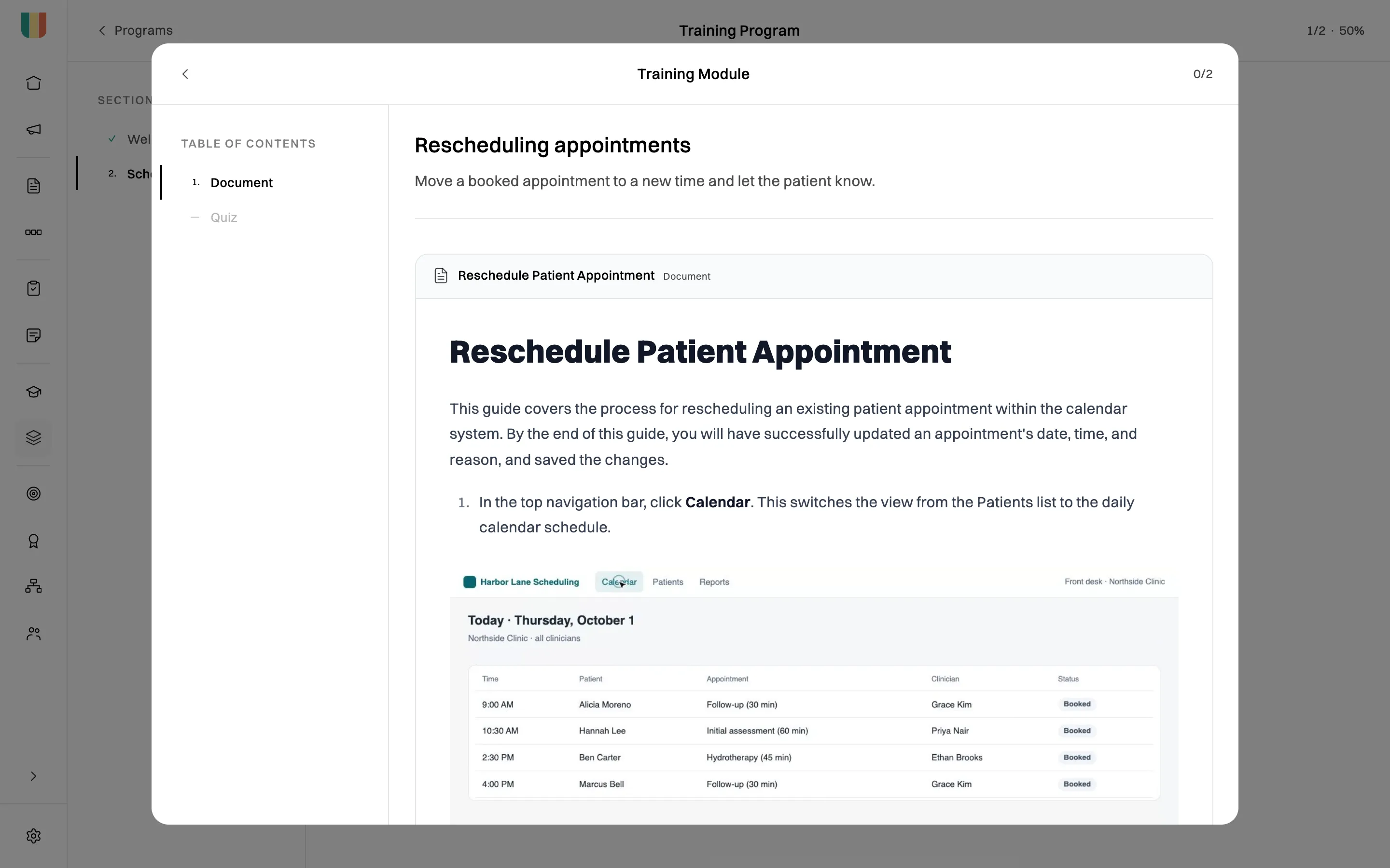 A training module open over the program: Rescheduling appointments, with a table of contents listing Document and Quiz, and the Reschedule Patient Appointment guide with its first step and screenshot