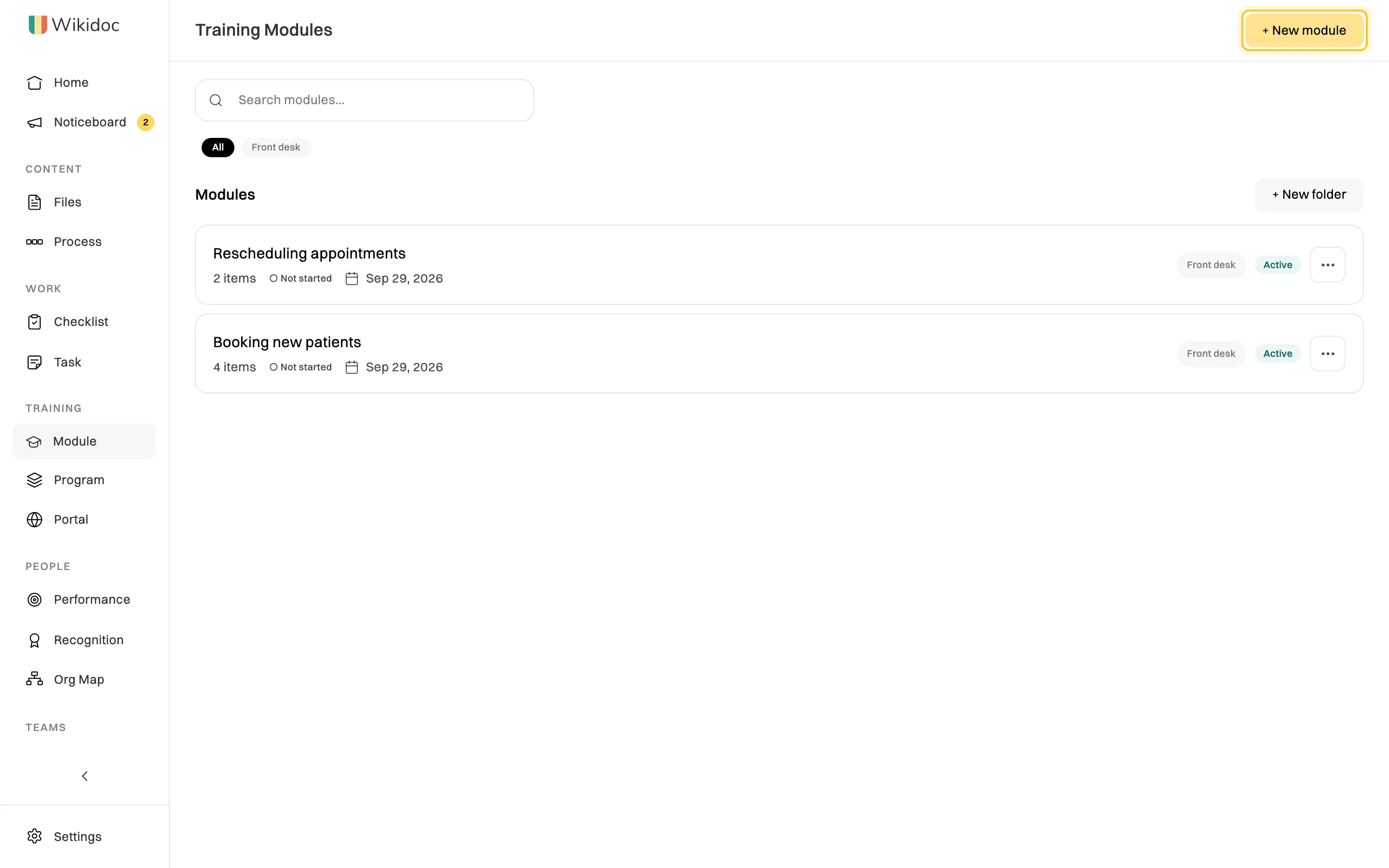 The Training Modules page listing Rescheduling appointments (2 items) and Booking new patients (4 items), both Active and tagged Front desk, with the + New module button highlighted