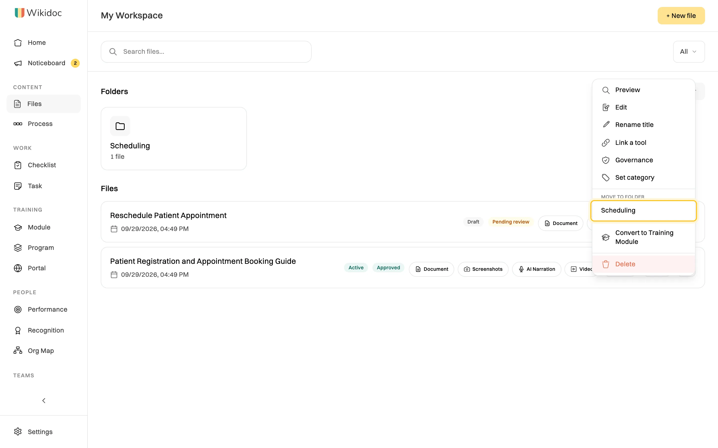 The menu for Patient Registration and Appointment Booking Guide open, with Preview, Edit, Rename title, Link a tool, Governance and Set category, then Move to folder with the Scheduling folder highlighted, Convert to Training Module and Delete