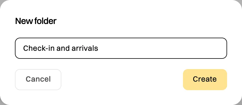 The New folder window with the name Check-in and arrivals typed in, and Cancel and Create buttons