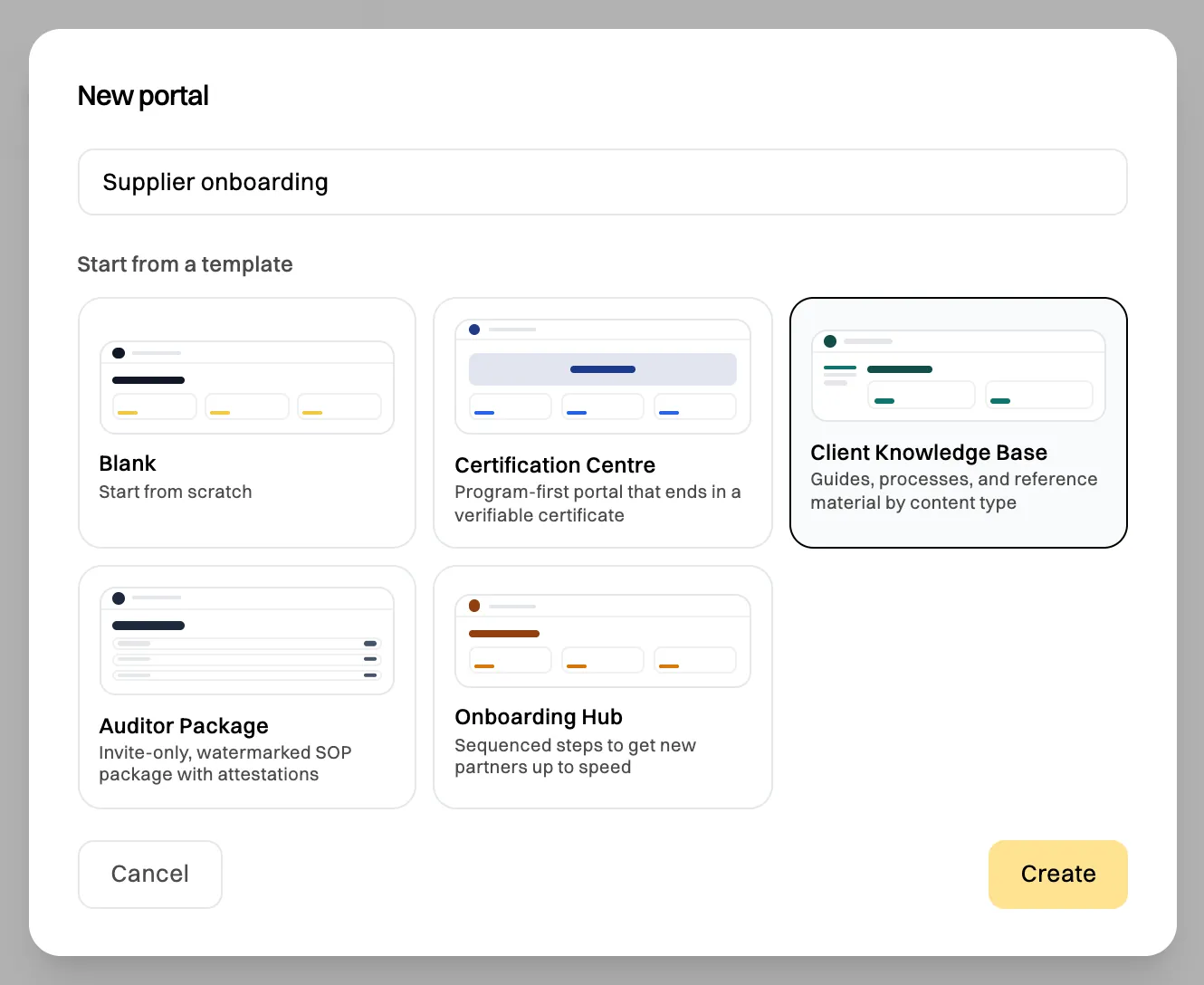 The New portal window: the title Supplier onboarding, and five templates, Blank, Certification Centre, Client Knowledge Base (selected), Auditor Package and Onboarding Hub, with Cancel and Create
