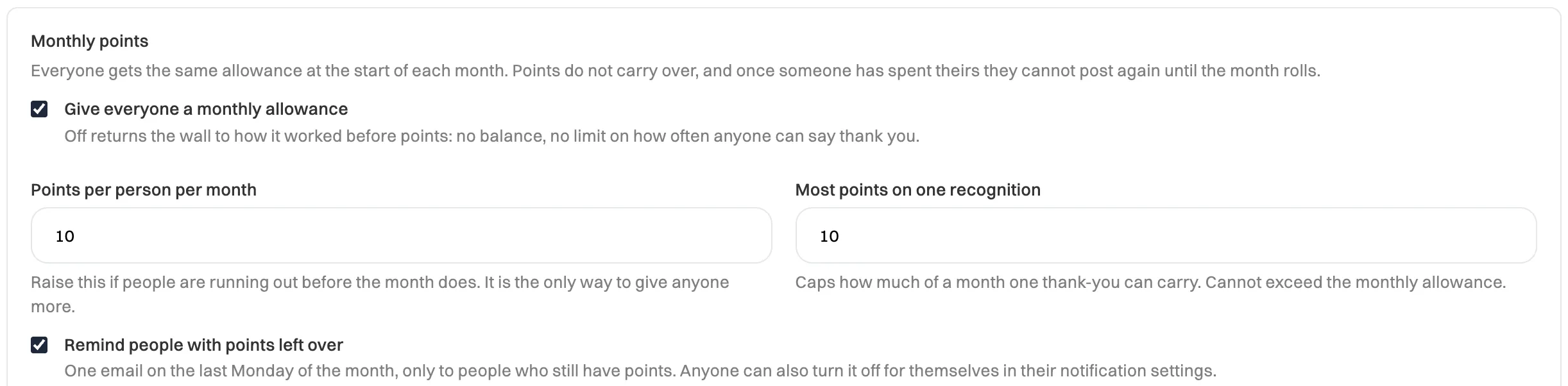 The Monthly points settings: Give everyone a monthly allowance ticked, 10 points per person per month, at most 10 points on one recognition, and Remind people with points left over ticked
