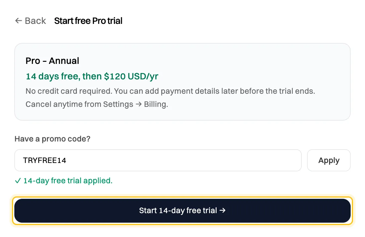 The Start free Pro trial summary: Pro Annual, 14 days free, then $120 USD per year, no credit card required, with the TRYFREE14 code applied and a Start 14-day free trial button