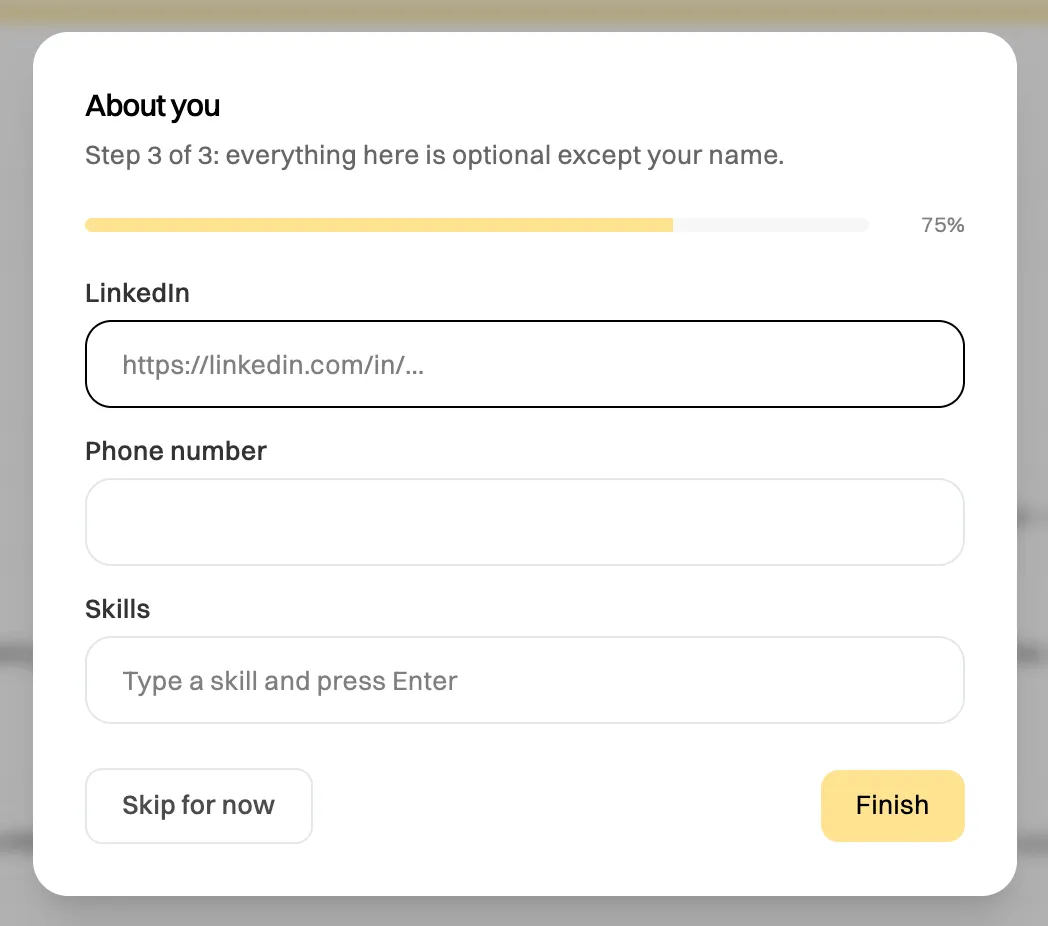 Step 3 of 3, About you: a profile completion bar at 75%, LinkedIn, Phone number and Skills fields, and Skip for now and Finish buttons