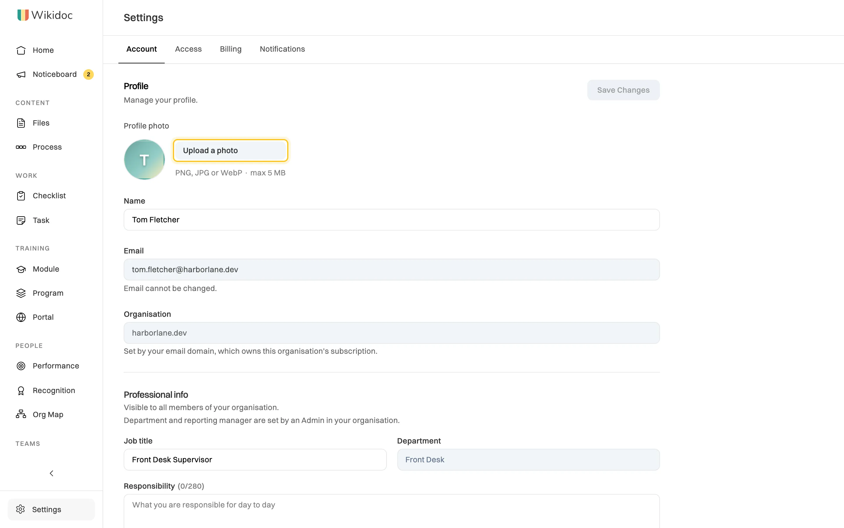 The Account tab of Settings: Profile with a Save Changes button, a round photo placeholder showing T and a highlighted Upload a photo button, then Name, Email with the note Email cannot be changed, and Organisation