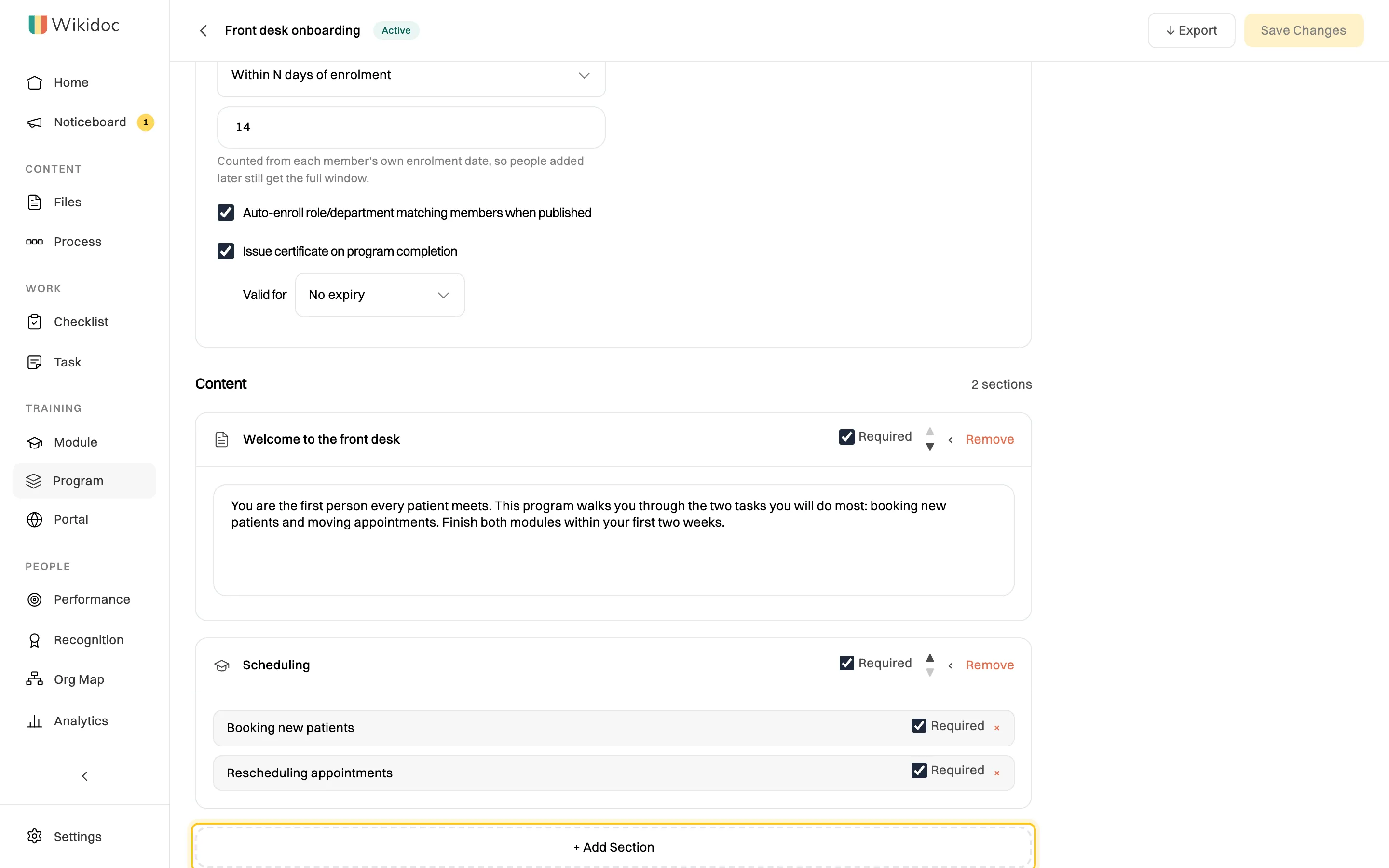 The program's Content: a Welcome to the front desk text section, and a Scheduling section holding the Booking new patients and Rescheduling appointments modules, each marked Required, with the + Add Section button highlighted