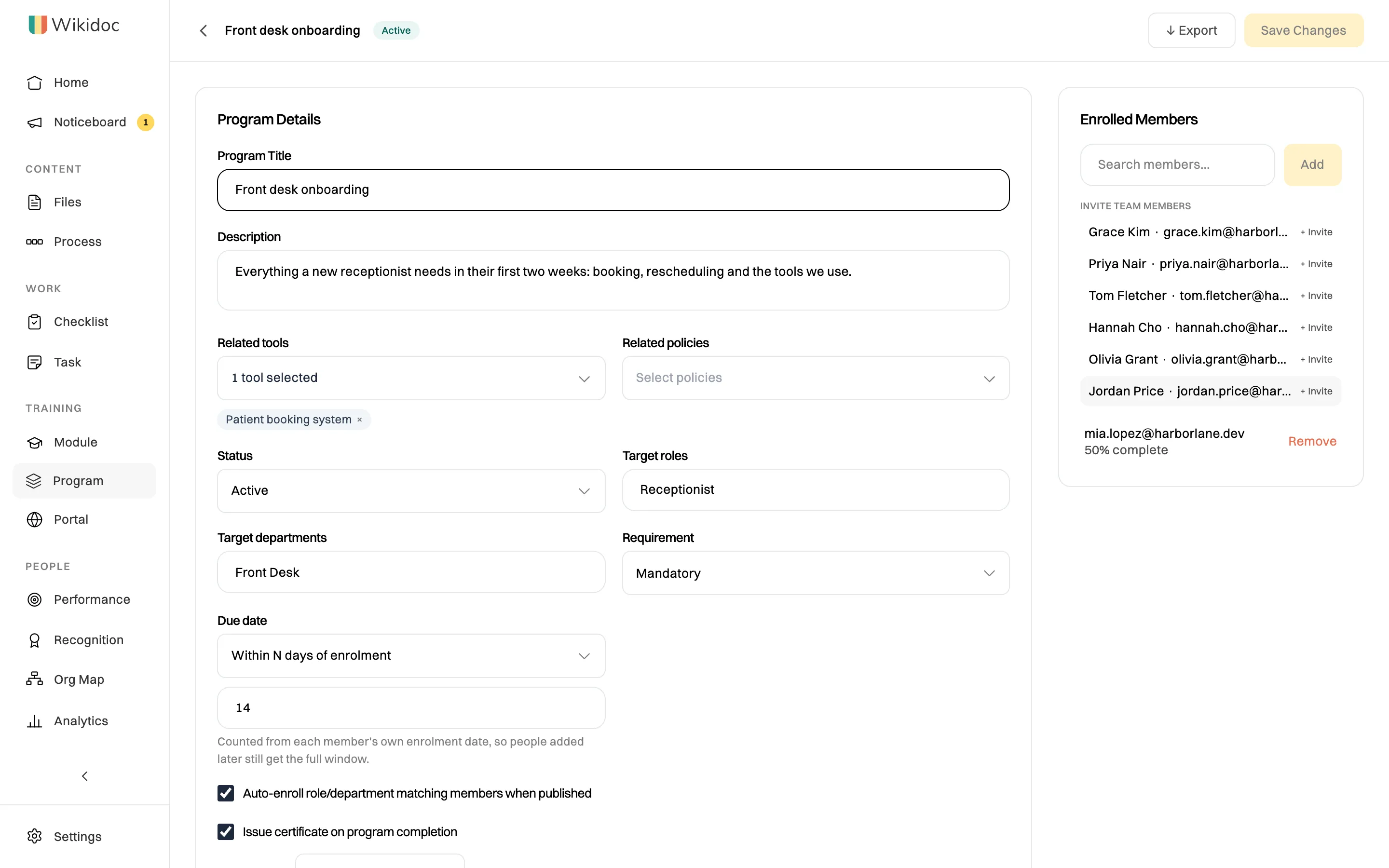The Front desk onboarding program open for editing: Program Title, Description, Related tools Patient booking system, Status Active, Target roles Receptionist, Target departments Front Desk, Requirement Mandatory, Due date Within N days of enrolment set to 14, and an Enrolled Members panel on the right