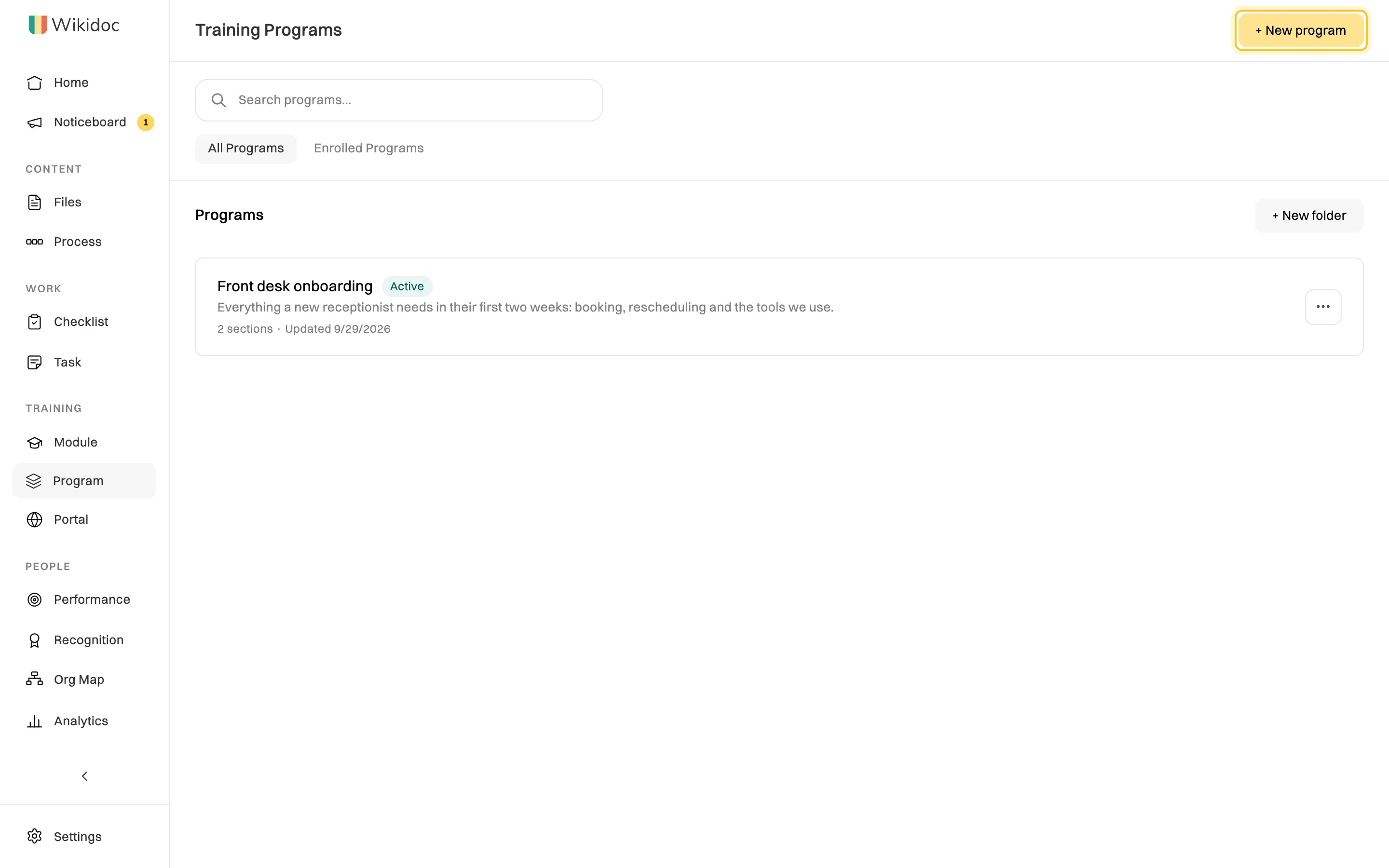 The Training Programs page with All Programs and Enrolled Programs tabs, the Front desk onboarding program marked Active with 2 sections, and the + New program button highlighted