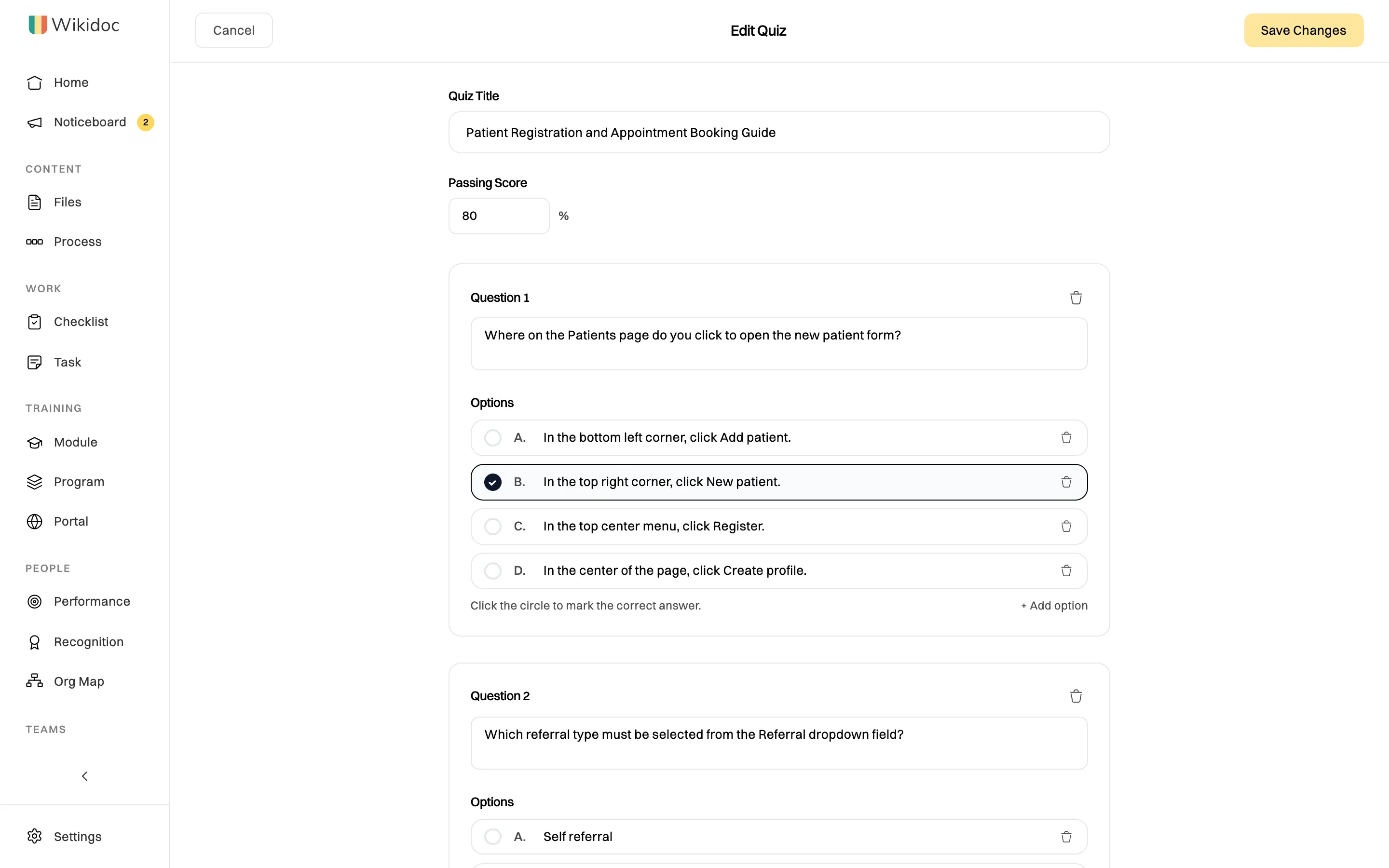 Edit Quiz: Quiz Title, Passing Score 80%, and Question 1 with four options, B marked as the correct answer, delete buttons and + Add option