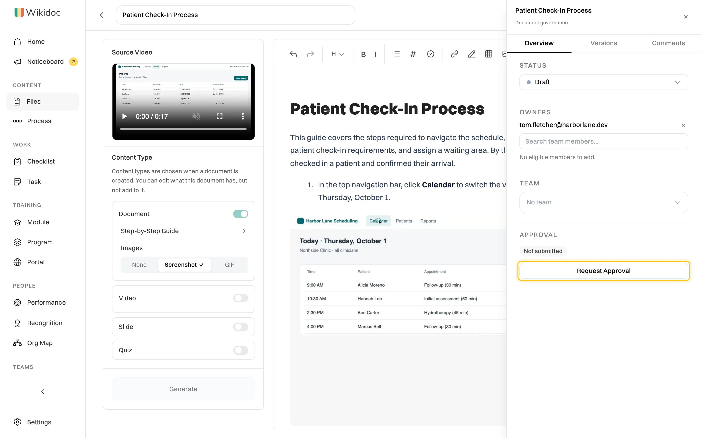 The Patient Check-In Process document open with its governance panel: Status Draft, Owners tom.fletcher, Team No team, Approval Not submitted, and the Request Approval button highlighted