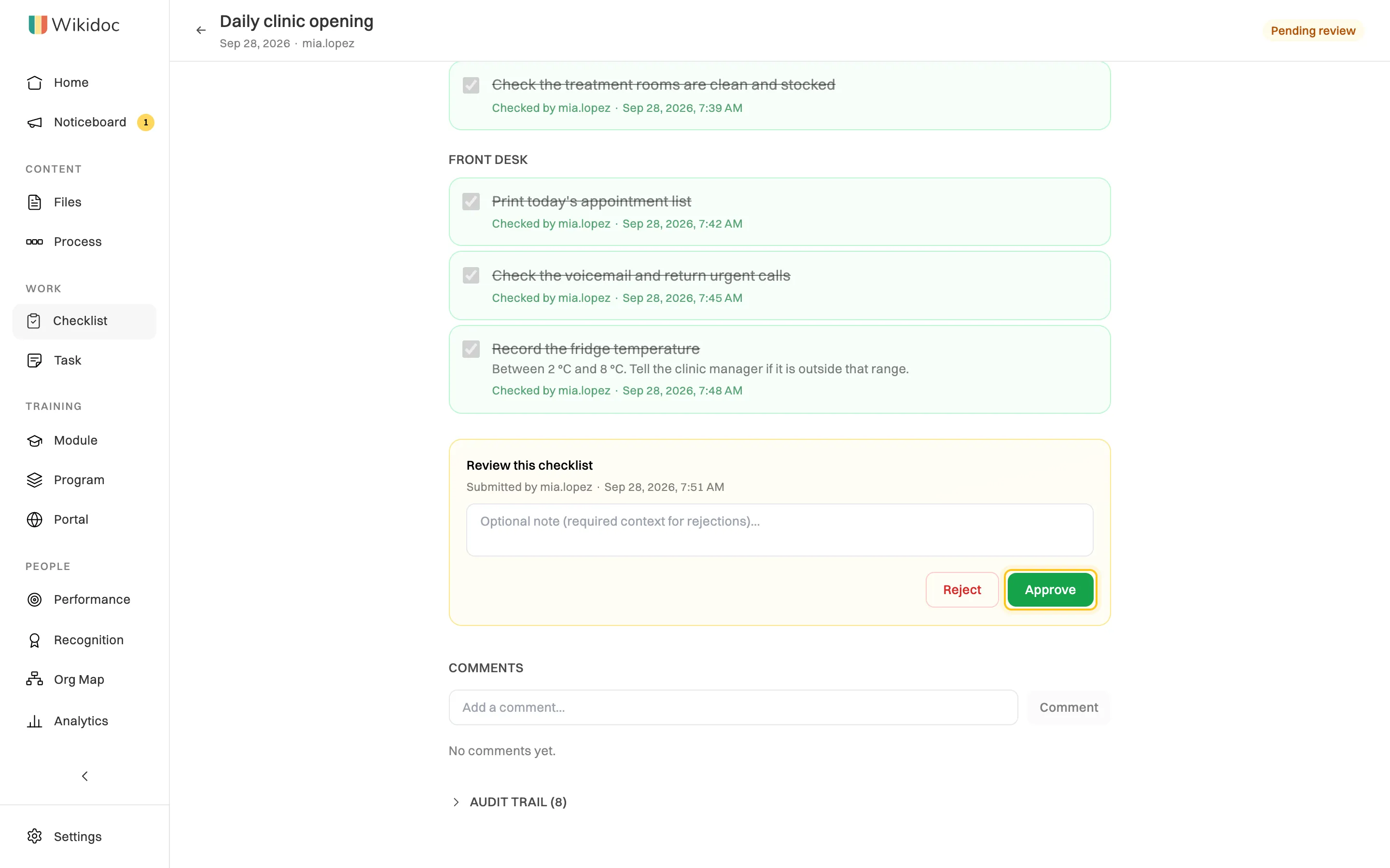 Mia Lopez's run under review: every task ticked with a time, and the Review this checklist box with an optional note, Reject and Approve highlighted