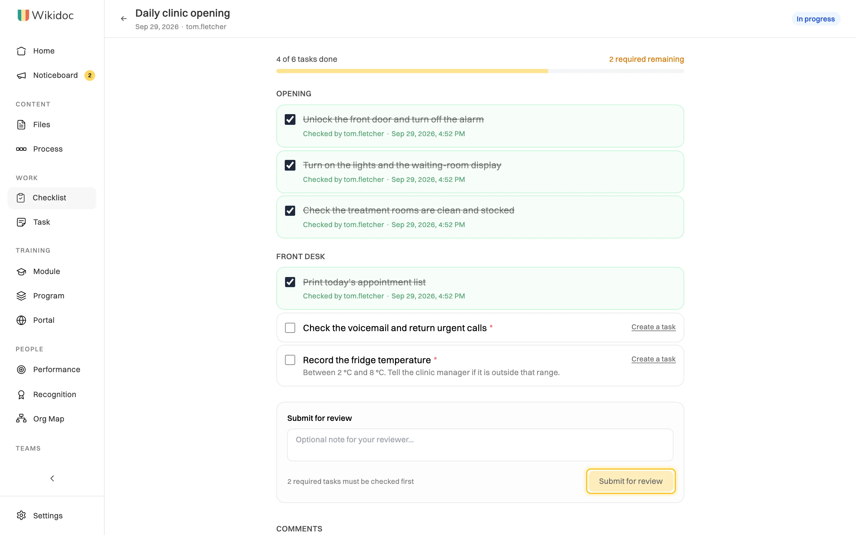 A Daily clinic opening run, In progress: 4 of 6 tasks done with 2 required remaining, four tasks ticked with who checked them and when, two unticked tasks each with Create a task, and the Submit for review box saying 2 required tasks must be checked first
