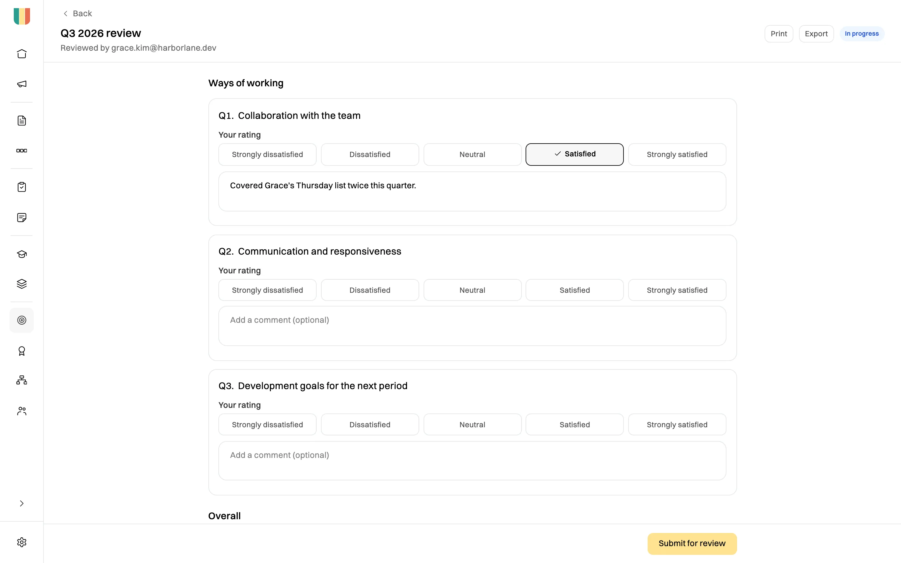 Ben Ortiz's Q3 2026 review in progress: Collaboration with the team rated Satisfied with a comment, the other questions not yet rated, and a Submit for review button