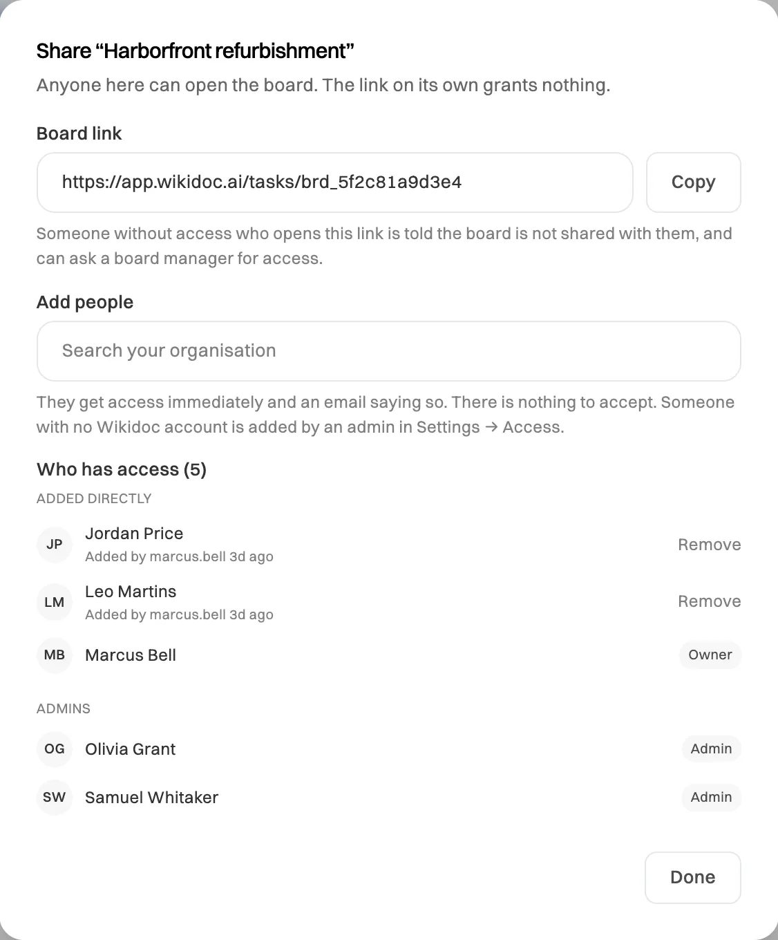 The Share window for Harborfront refurbishment: the board link with a Copy button, an Add people search box, and Who has access (5), listing Jordan Price and Leo Martins under Added directly with Remove buttons, Marcus Bell as Owner, and Olivia Grant and Samuel Whitaker under Admins