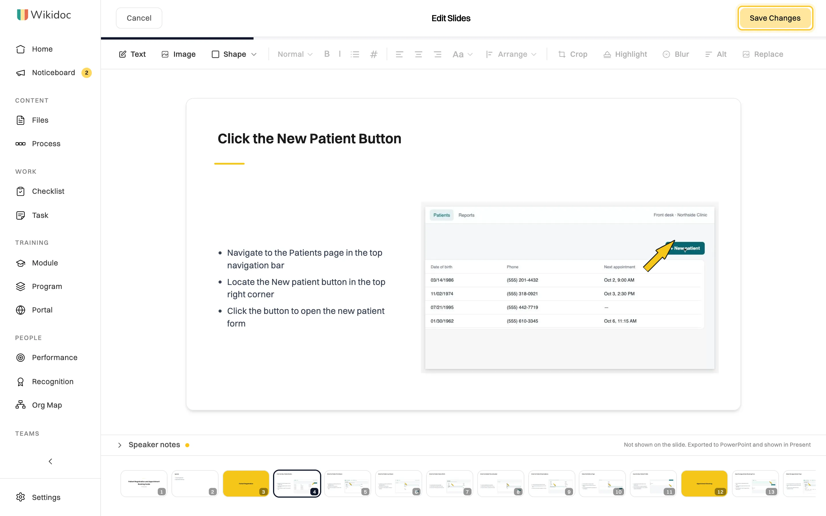 Edit Slides: the toolbar with Text, Image, Shape, text formatting, Arrange, Crop, Highlight, Blur, Alt and Replace, the slide being edited, Speaker notes below it, and Save Changes highlighted