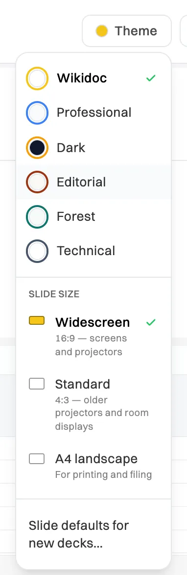 The Theme menu: themes Wikidoc, Professional, Dark, Editorial, Forest and Technical; Slide size Widescreen (selected), Standard and A4 landscape; and Slide defaults for new decks