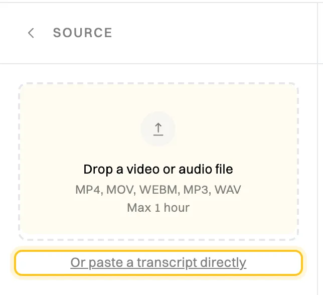 The Source panel: a drop area for a video or audio file (MP4, MOV, WEBM, MP3, WAV, max 1 hour), and the Or paste a transcript directly link highlighted