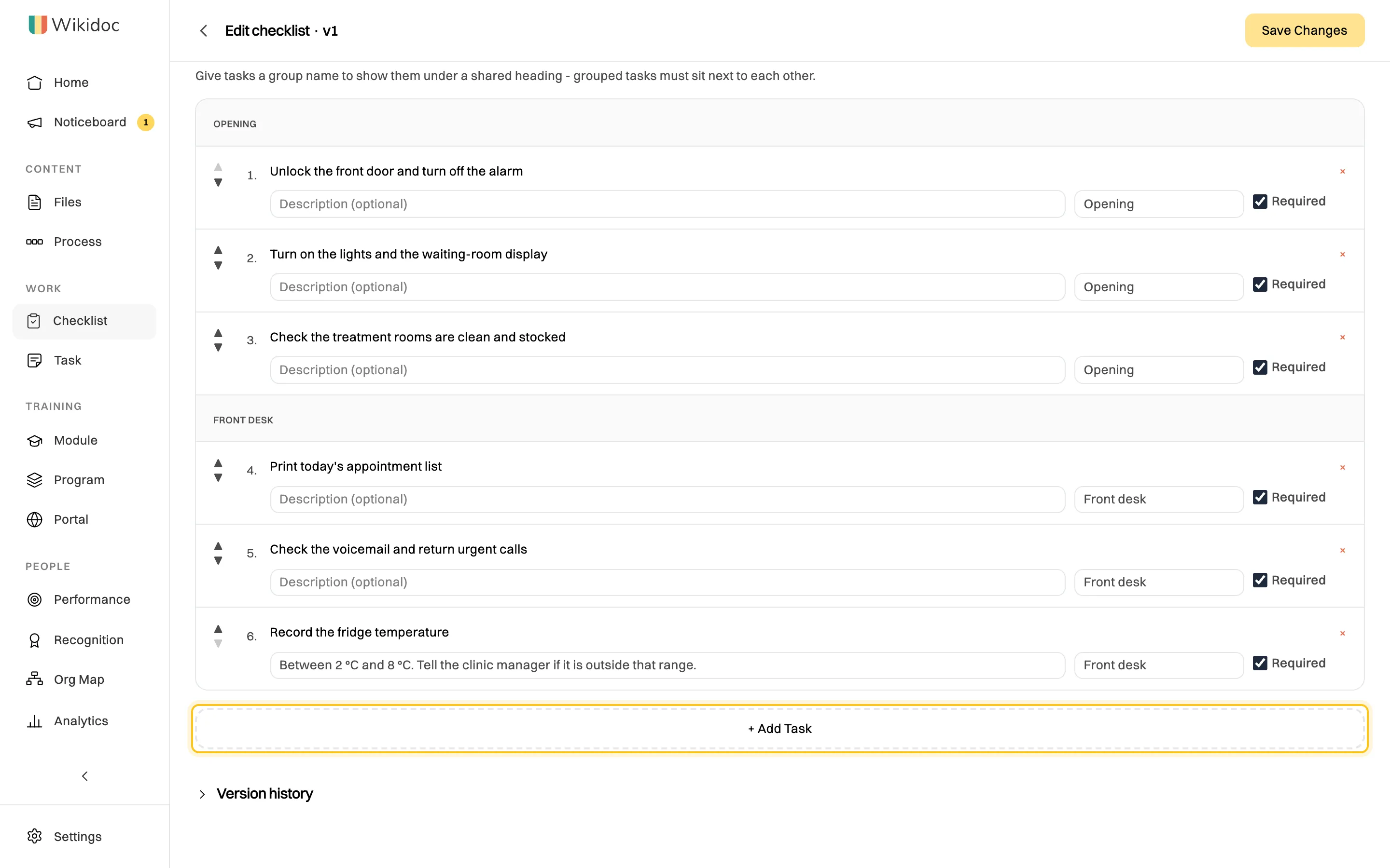 The Tasks list of Daily clinic opening, grouped under Opening and Front desk headings, each task with a description box, a group name and a Required tick, and the + Add Task button highlighted