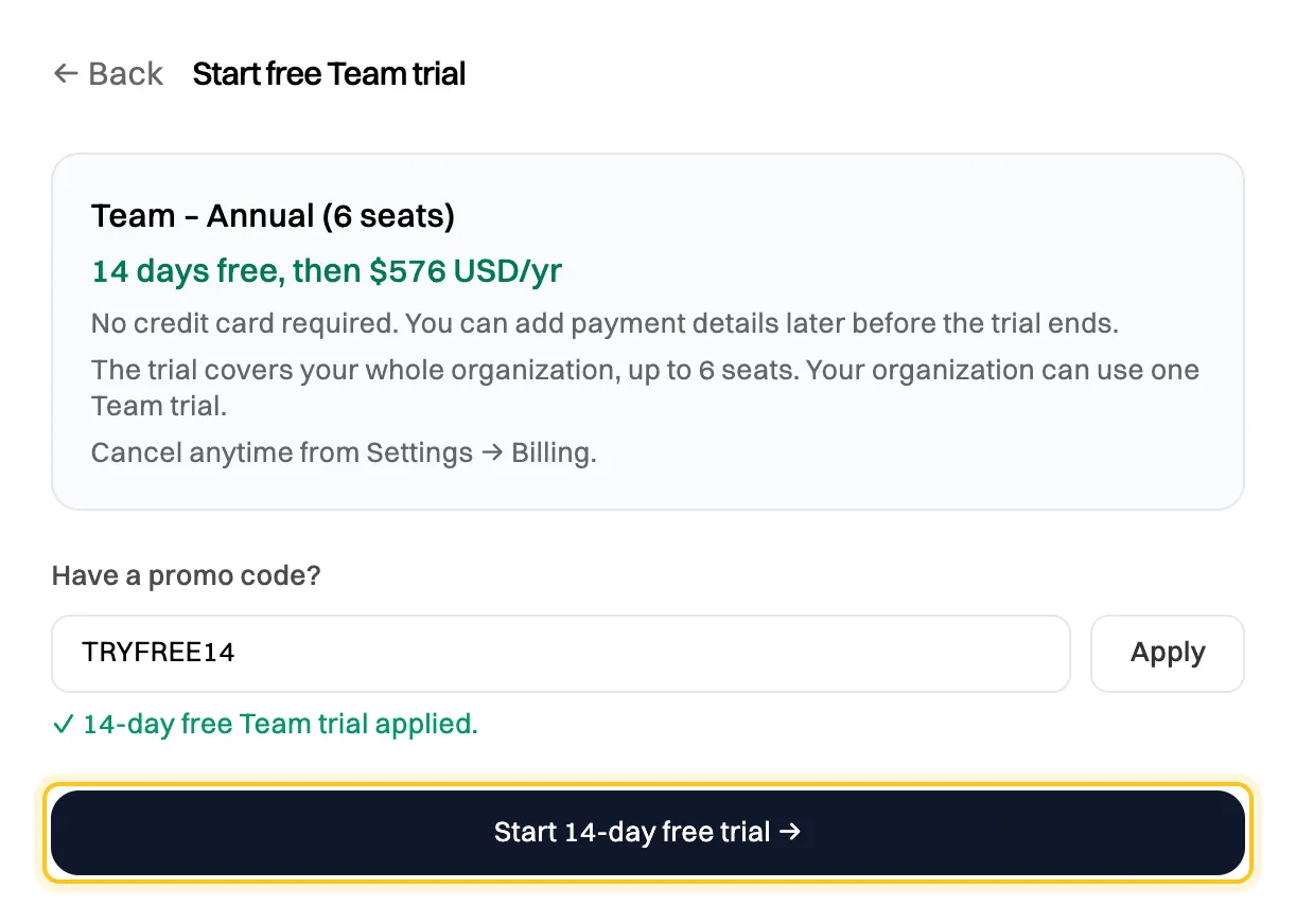 The Start free Team trial summary: Team Annual for 6 seats, 14 days free then $576 USD per year, no credit card required, the trial covers your whole organization up to 6 seats