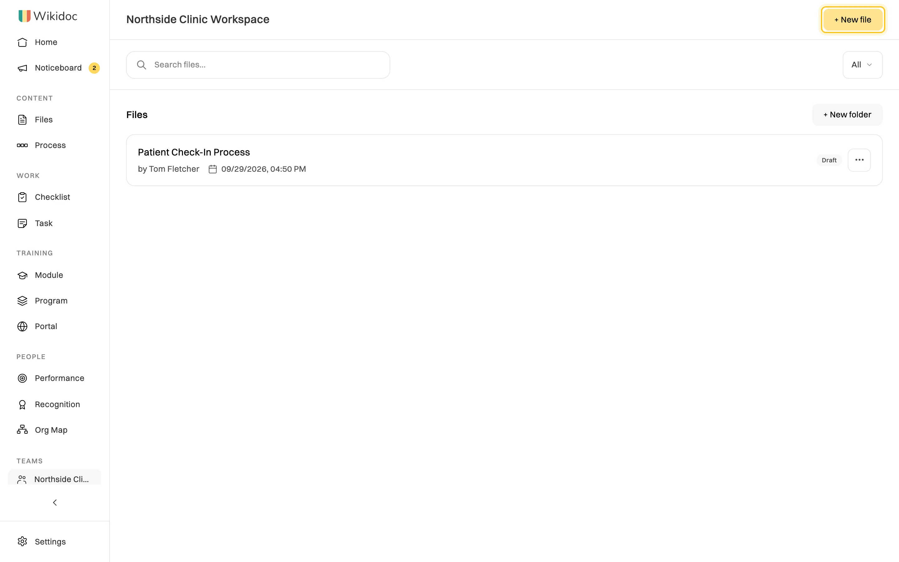 The Northside Clinic Workspace listing Patient Check-In Process by Tom Fletcher, marked Draft, with the + New file button highlighted