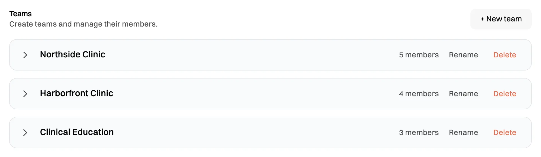 The Teams section of the Access tab listing three teams, each with its member count and Rename and Delete buttons, and a + New team button