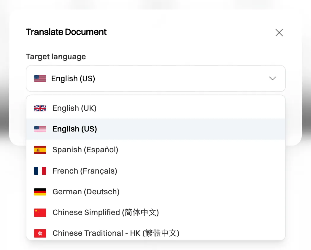 The Translate Document window with the Target language list open: English (UK), English (US) selected, Spanish, French, German, Chinese Simplified and Chinese Traditional - HK, each with its flag