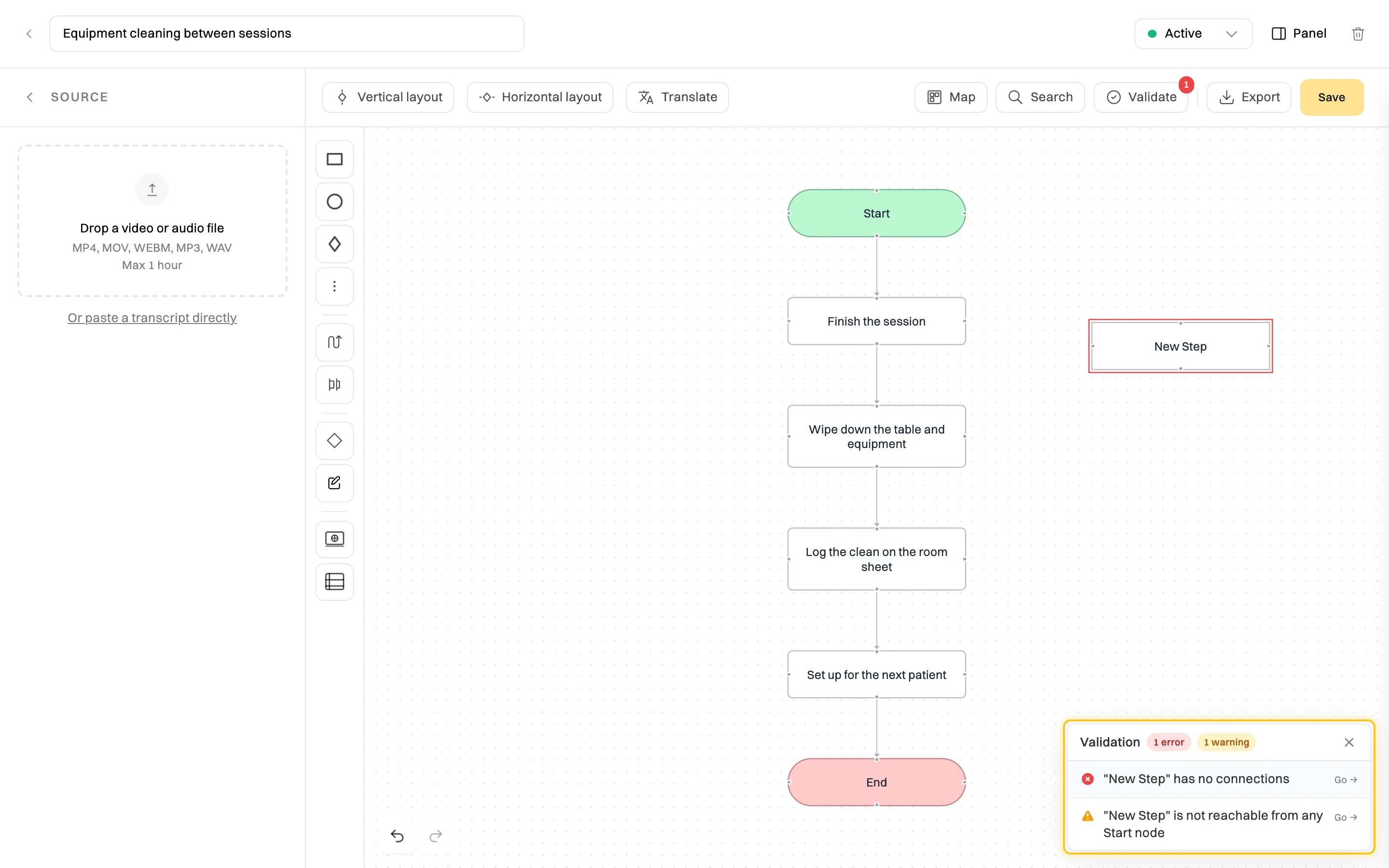 The Equipment cleaning between sessions map with an unconnected New Step outlined in red, and the Validation panel highlighted: 1 error, New Step has no connections, and 1 warning, New Step is not reachable from any Start node