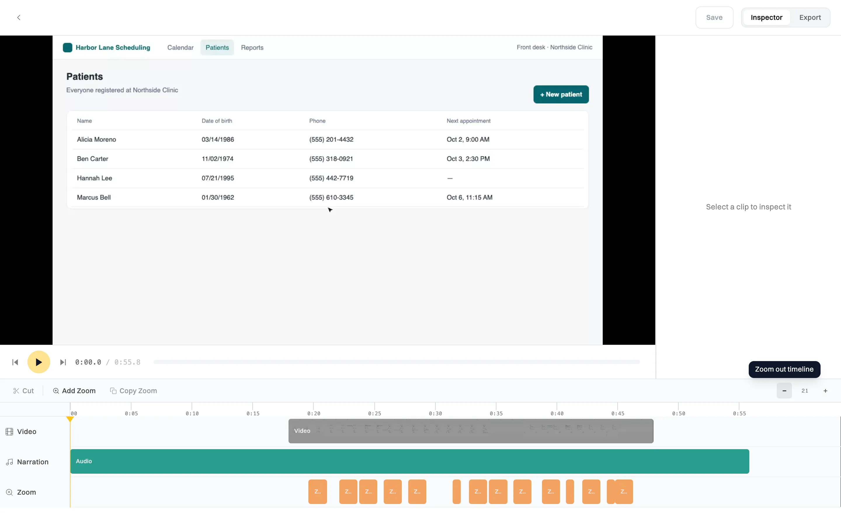 The video editor: the video preview at the top, and a timeline with a Video track from 0:18 to 0:48, a Narration track running the full 56 seconds, and a row of orange zoom clips