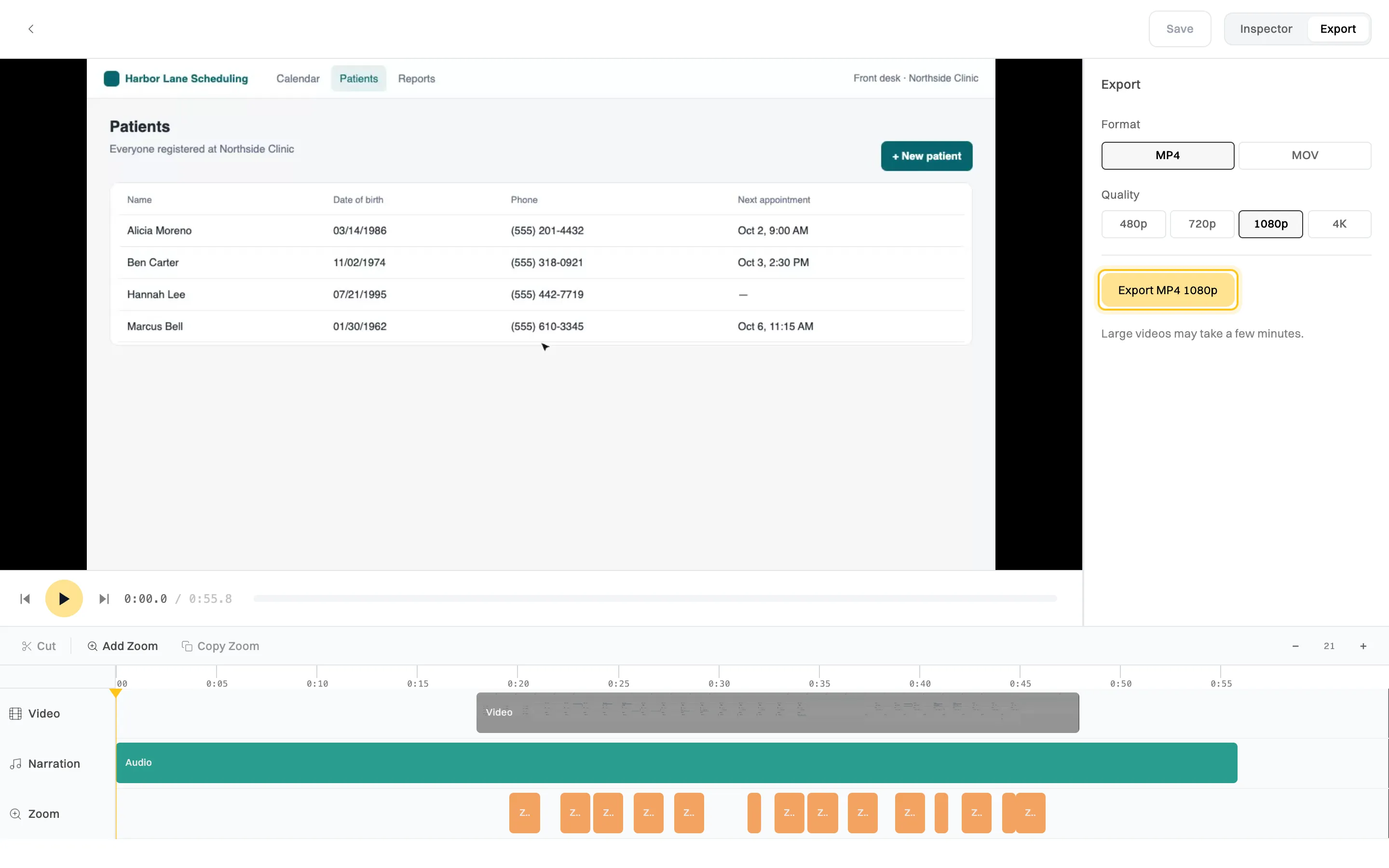 The Export panel in the video editor: Format MP4 selected, Quality options 480p, 720p, 1080p (selected) and 4K, and the Export MP4 1080p button highlighted