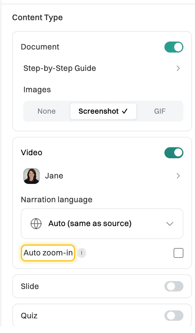 The Content Type panel with Document and Video switched on, the voice Jane, Narration language set to Auto (same as source), and the Auto zoom-in option highlighted