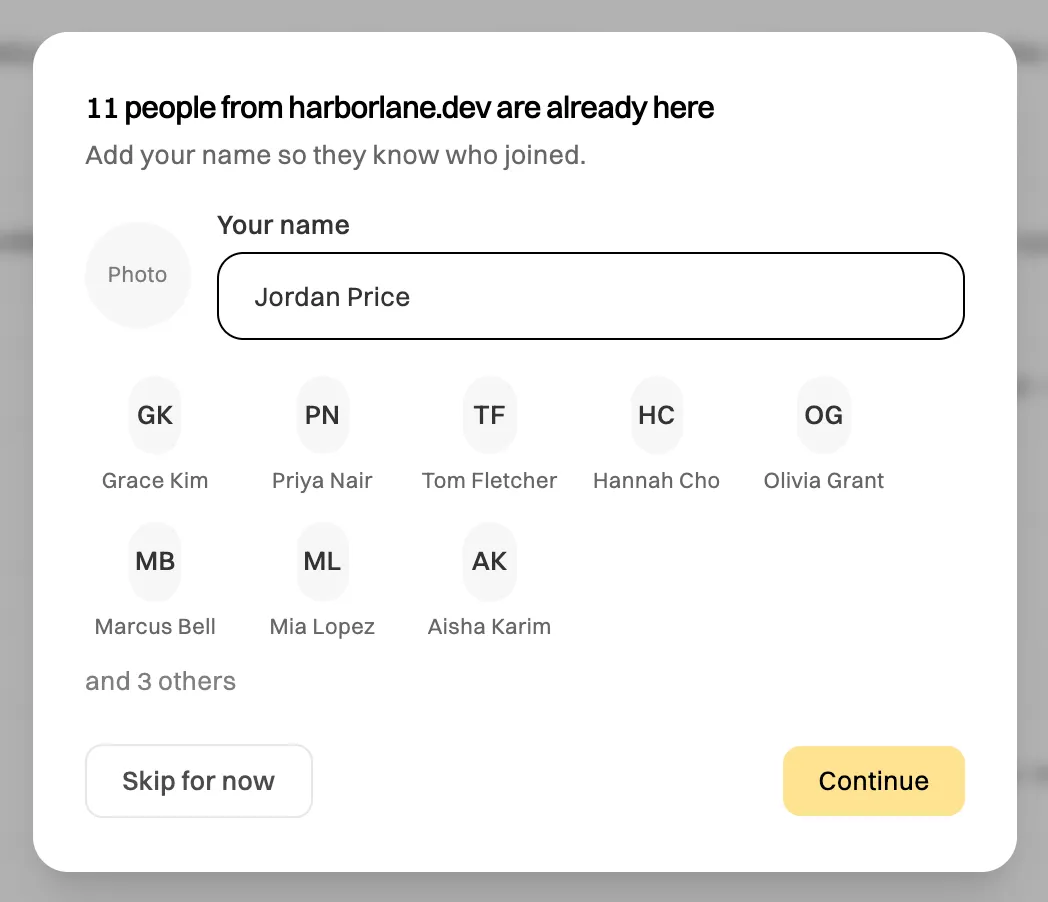 The welcome window: 11 people from harborlane.dev are already here, a Photo button, Your name filled in with Jordan Price, the initials and names of colleagues, and Skip for now and Continue buttons